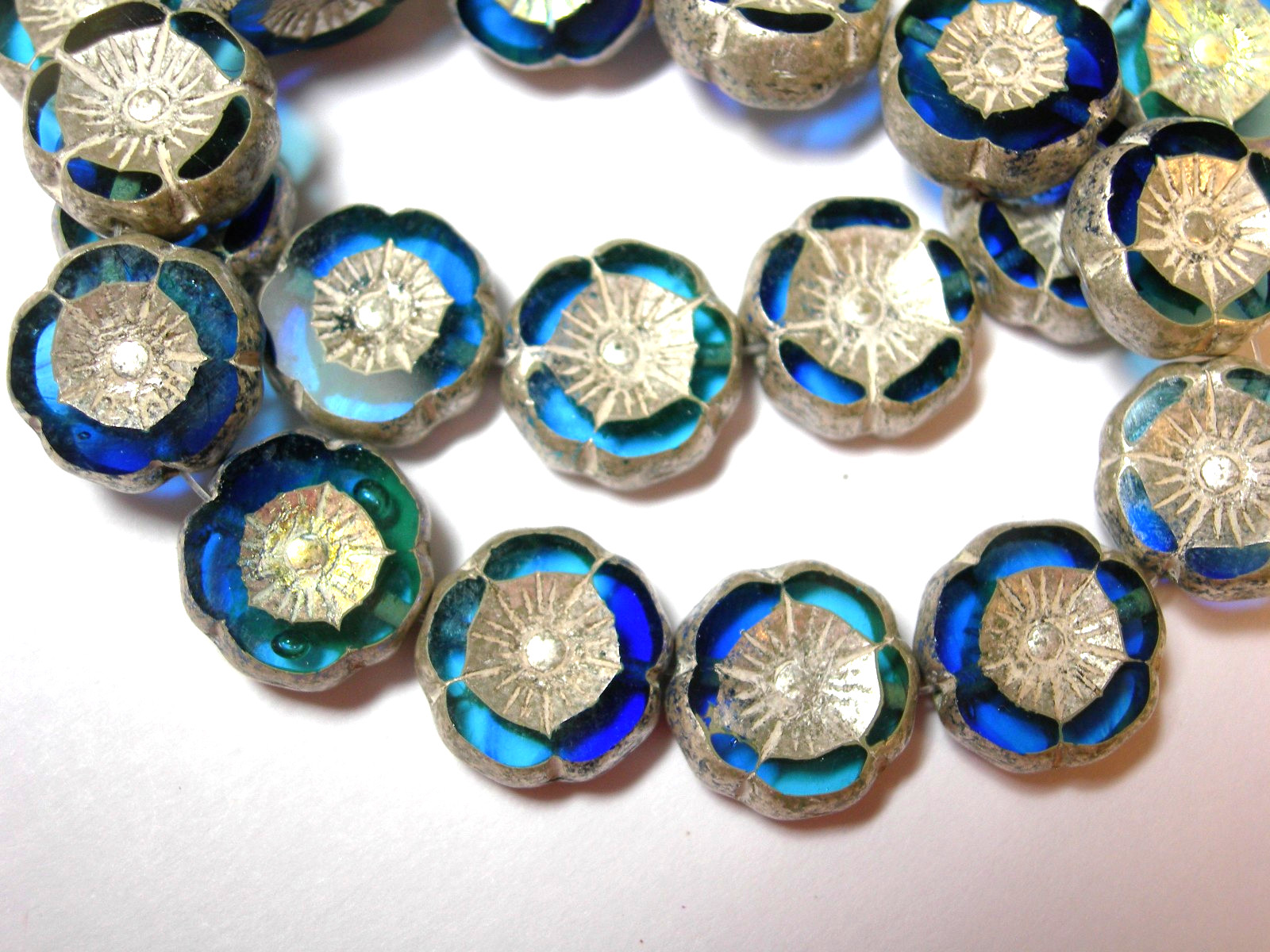 12 beads – Blue Aqua Blend with Silver Czech Glass Flower Beads 12mm