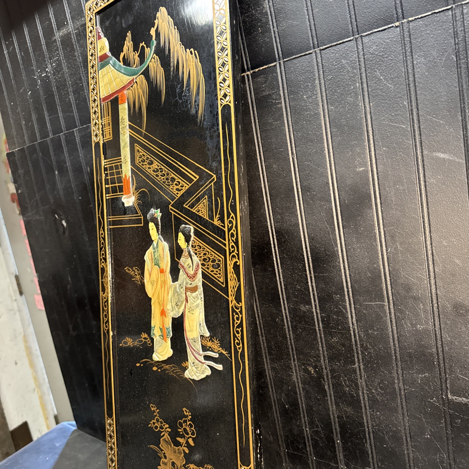 MCM Black Lacquer Geisha Japanese Mother Of Pearl Wall Art Panel Floral 36”X12′