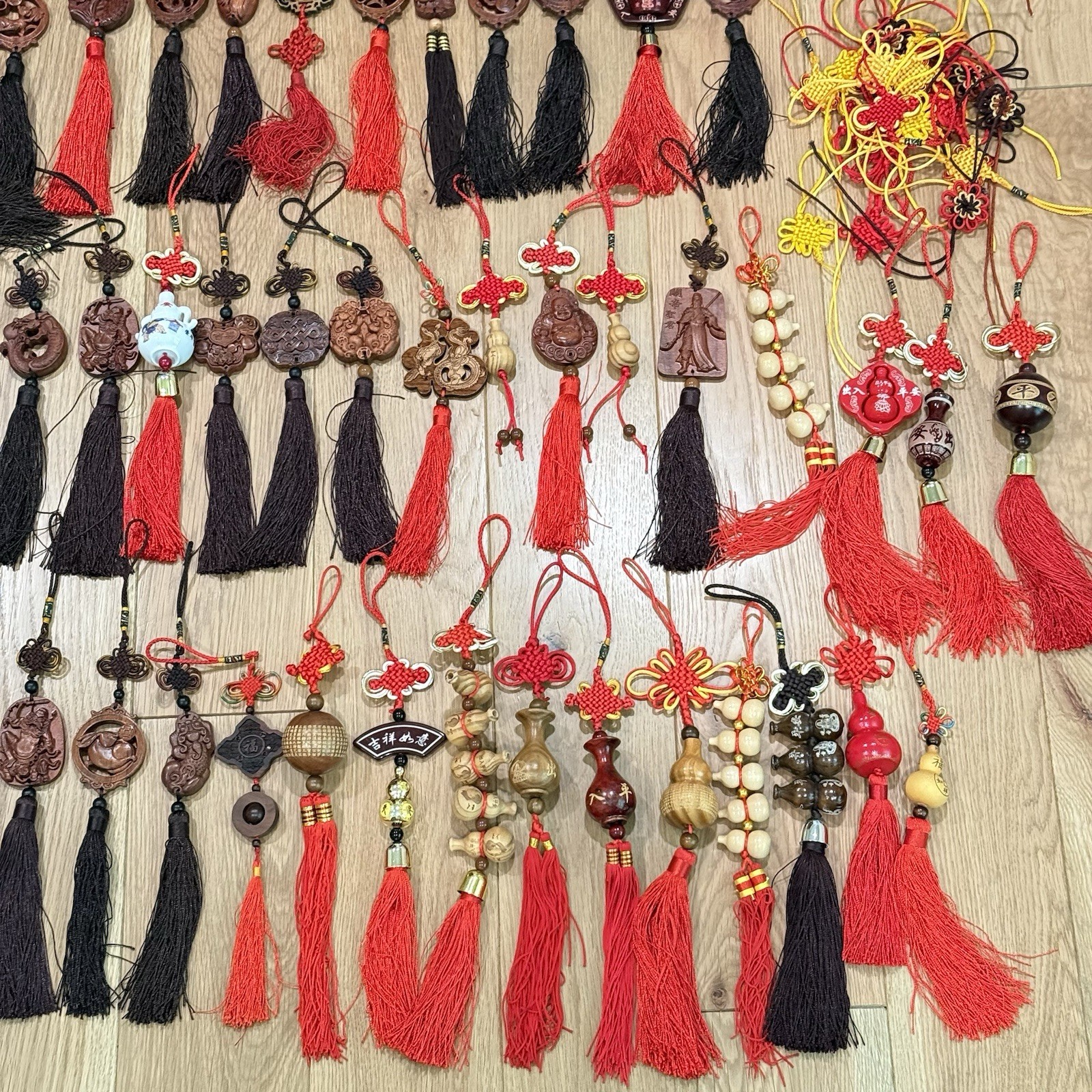 LOT OF Chinese Asian Good Luck Wall Hanging Wood Carve Porcelain Ornament Tassel