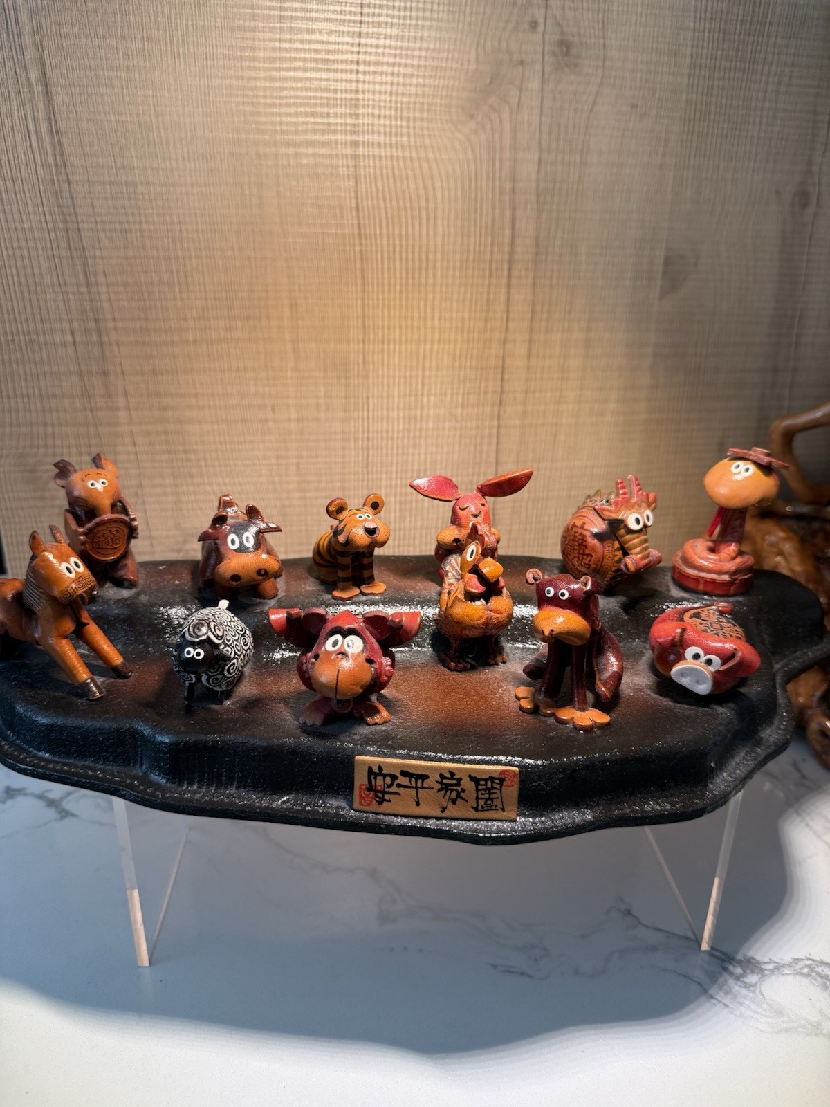 Vintage Handcrafted Leather Chinese Zodiac Animal Figurines on Display Stand