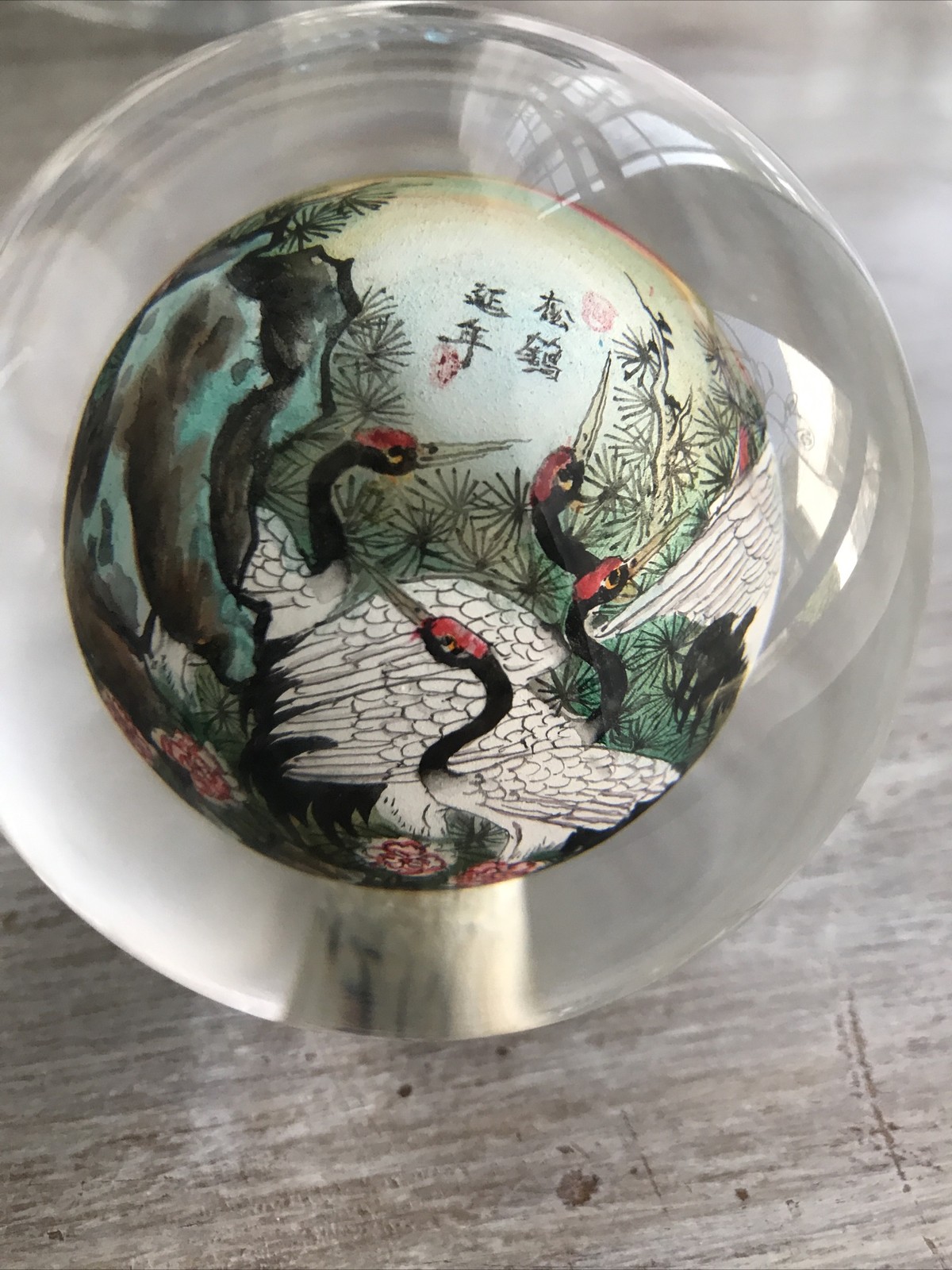 VTG Reverse Painted Glass Ball Sphere Paper Weight Oriental Asian Swan Bird