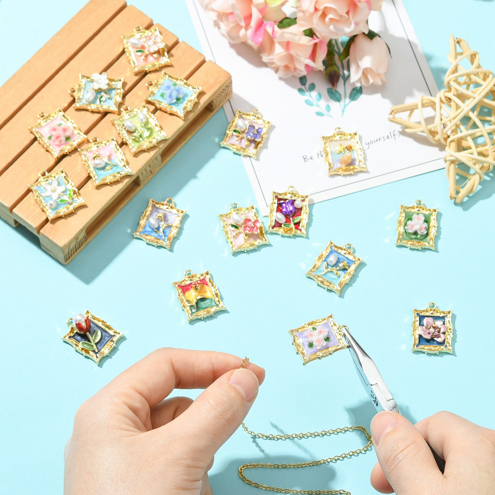 18x Rectangle Alloy Enamel Flower Pendants for Earrings Necklace Jewelry Making