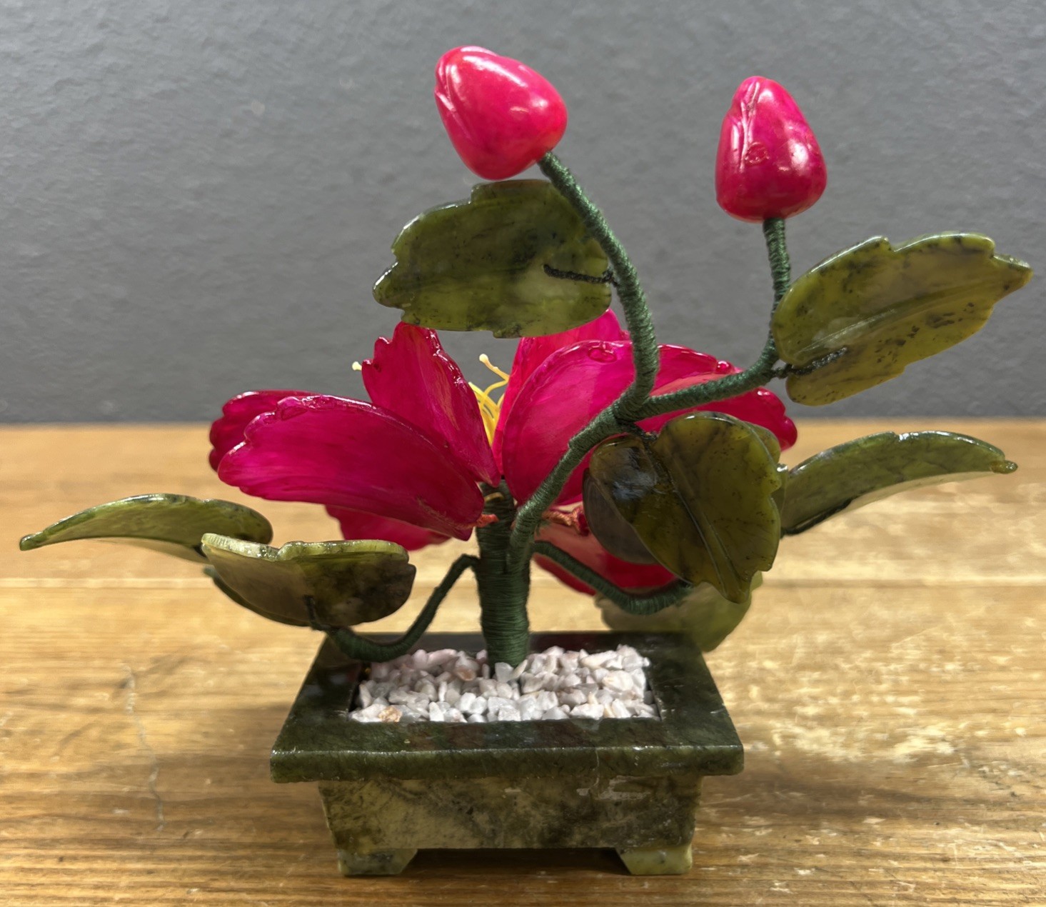 Vintage Japan Carved Stone Jade Bonsai Flowering Tree
