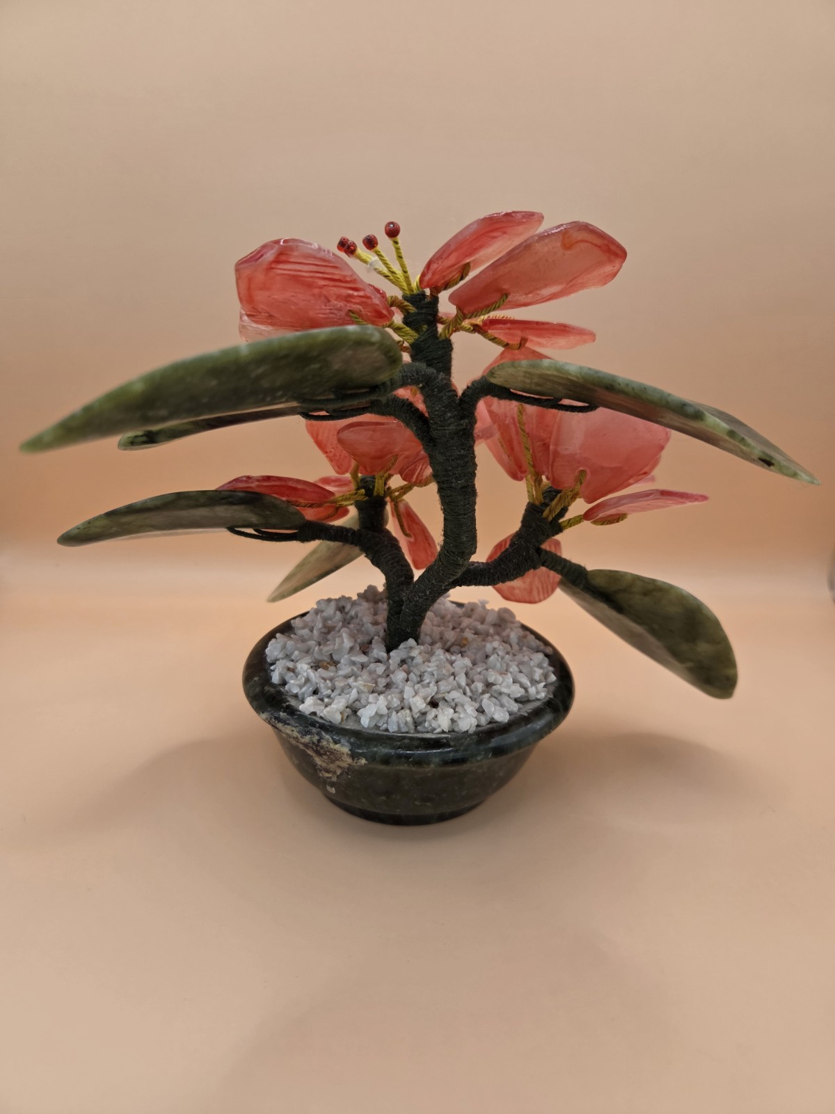 Vintage Oriental Asian Carved Jade Flower Bonsai Tree