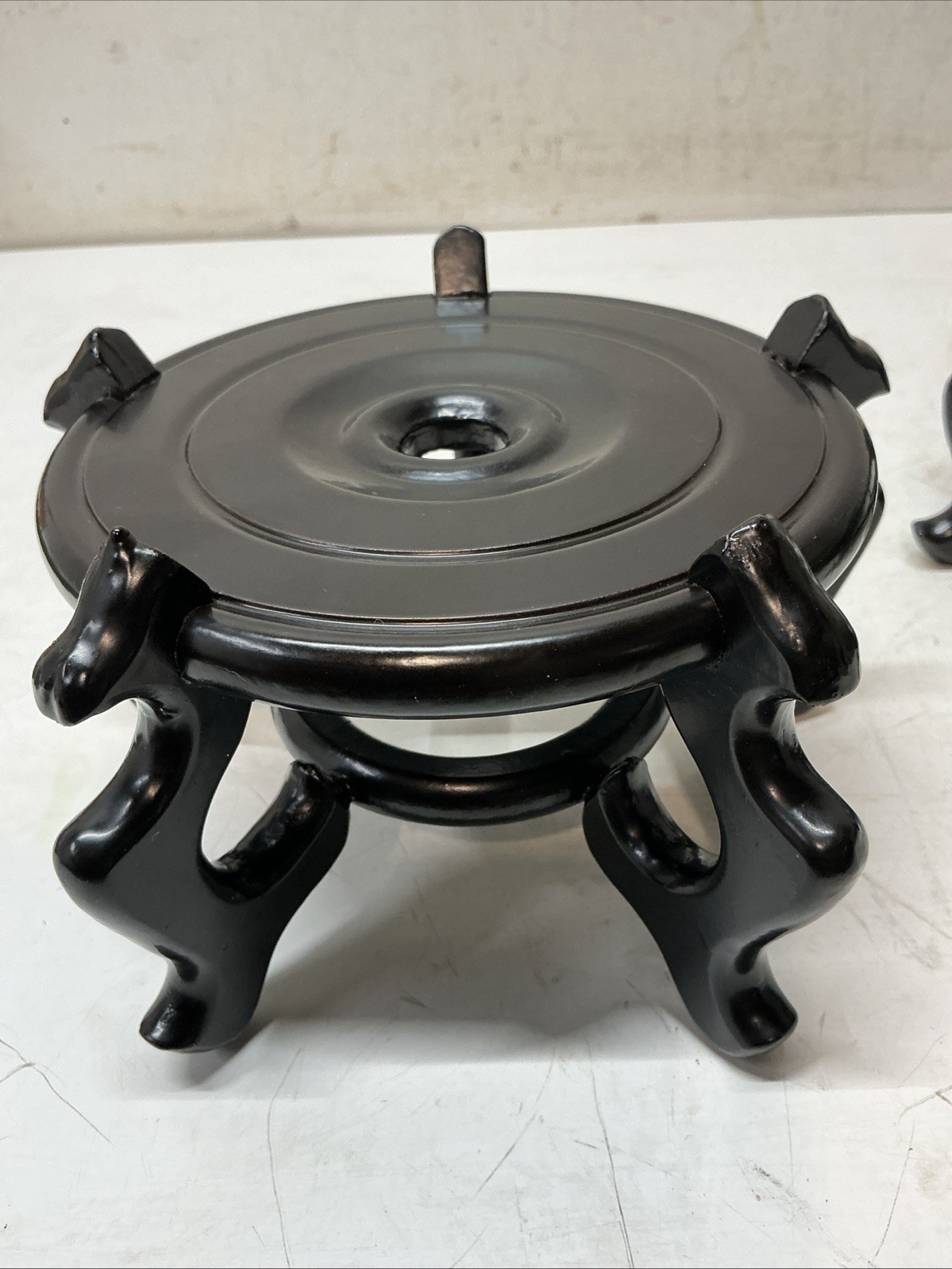 Pair Chinese Black Lacquer Wood Stands Urn Vase Bowl Plant Fish Bowl 5” Opening