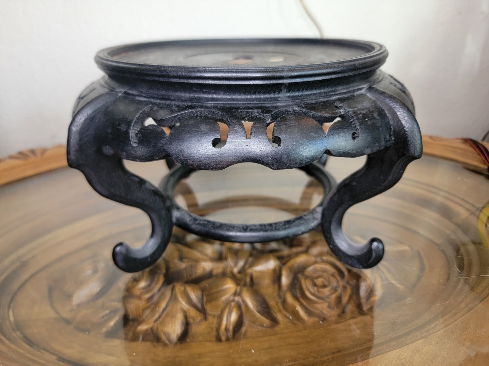 Vintage Chinese Dark Wood Footed Display Stand Footed Pedestal