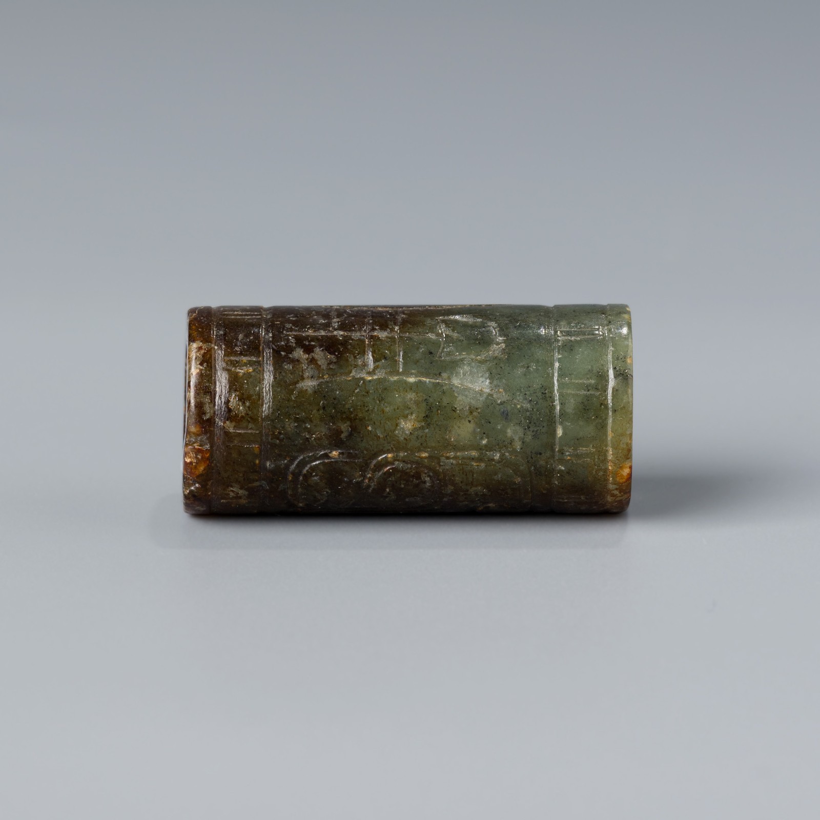 Han Dynasty Chinese Archaic Carved Jade Cylinder Bead with Geometric Motifs