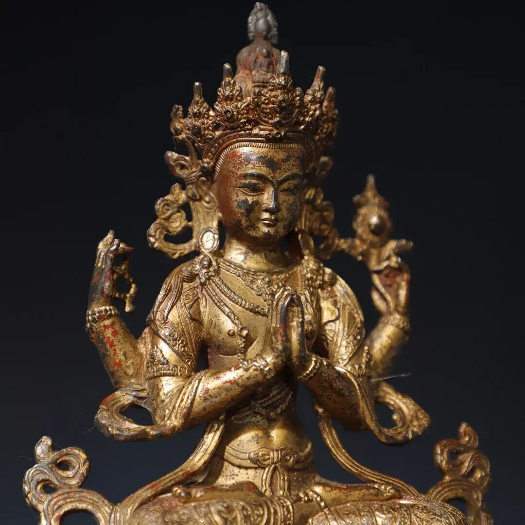 Fengshui old chinese copper Bronze mud gold [Four armed Guanyin] Buddha statue