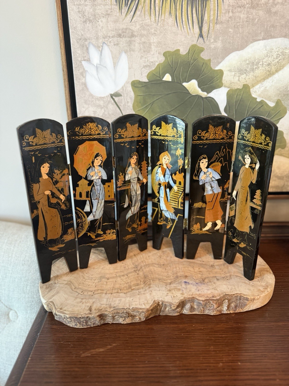 Asian Mini Lacquer Screen Mother of Pearl Inlay Reversible Image Table Top AS IS