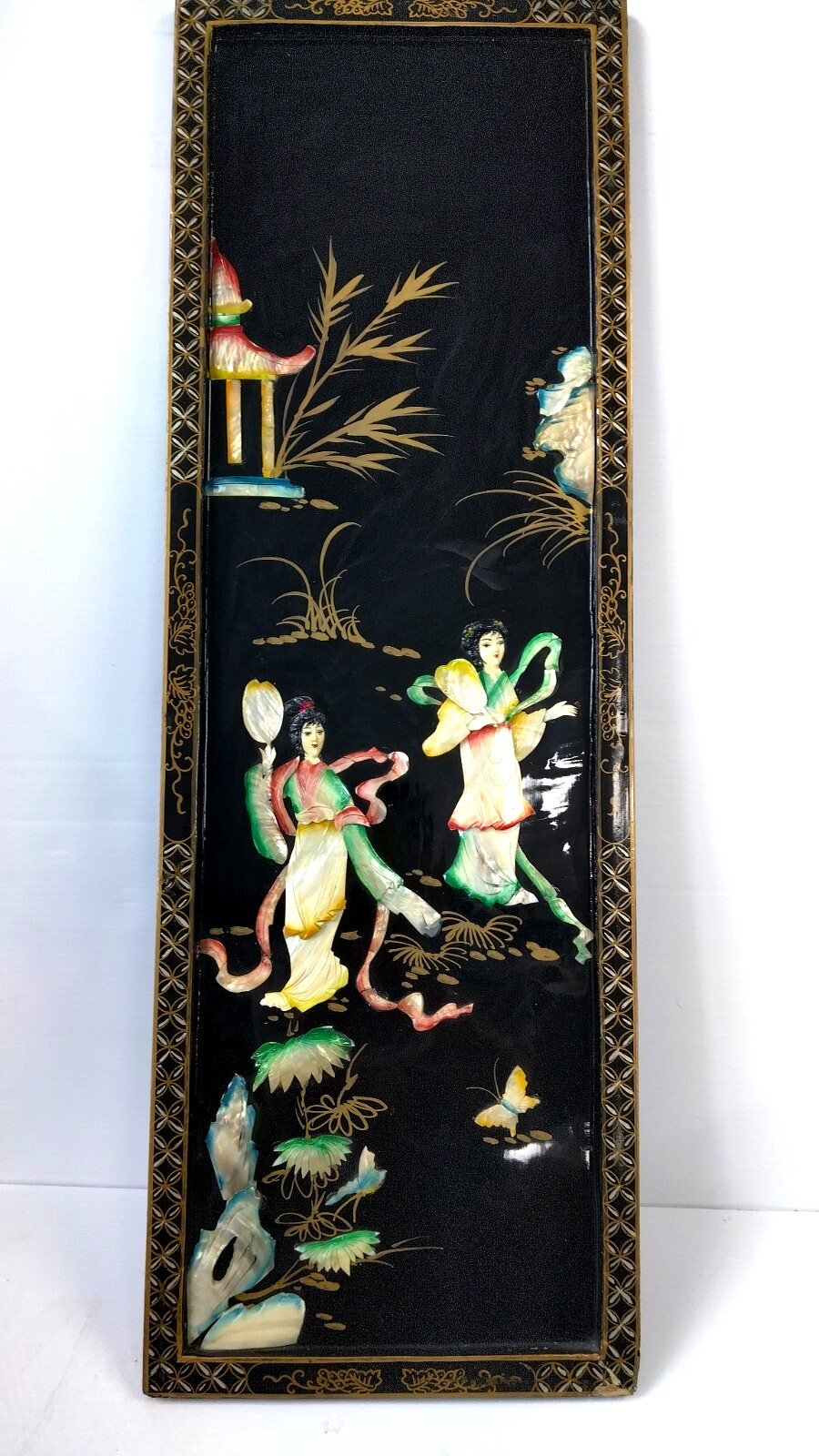 Set of 4pcs vintage Asian Black Lacquer Mother of the Pearl wood panels 12×36