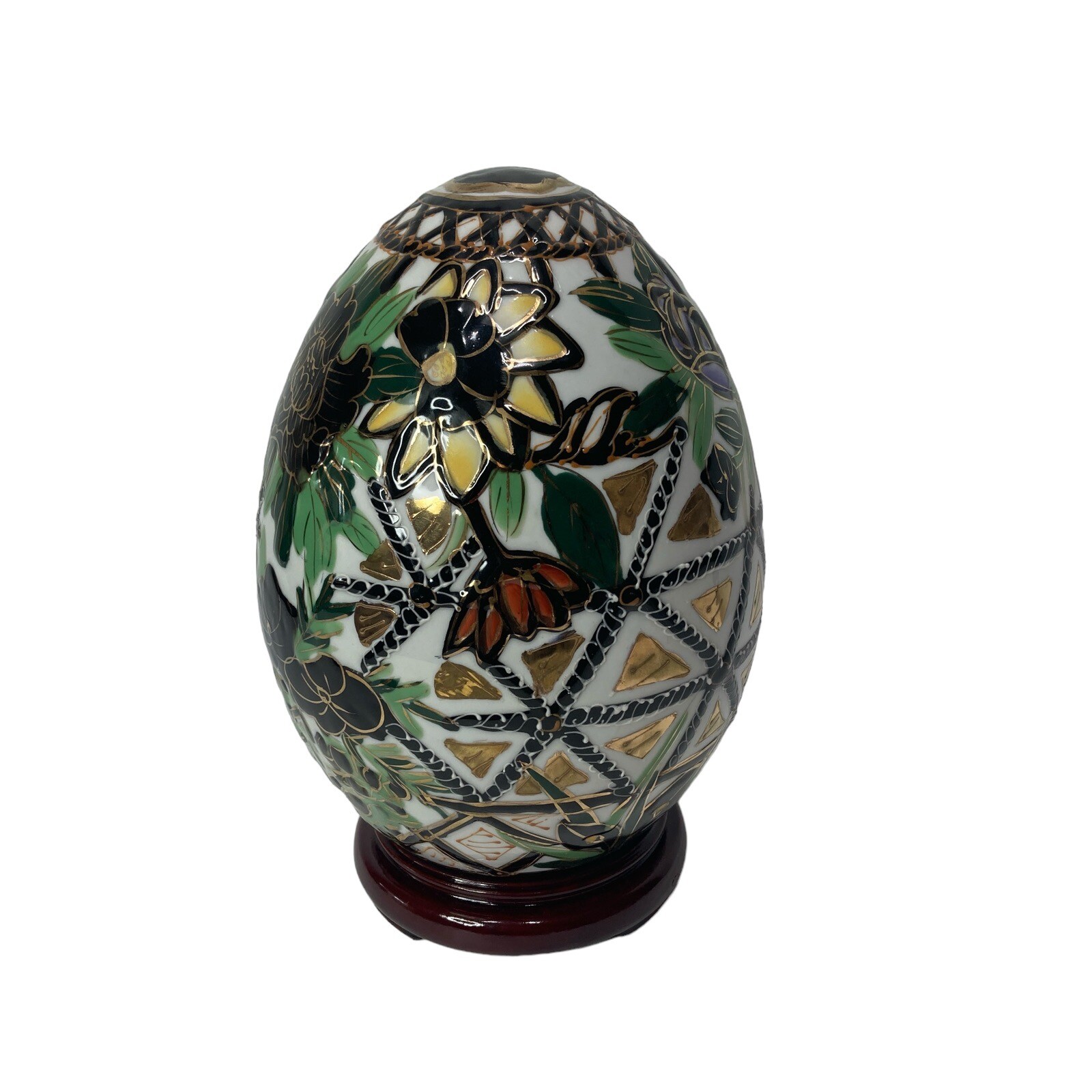 Chinese Porcelain Egg Black Gold Floral 9″ with Stand Decor multicolor Vintage
