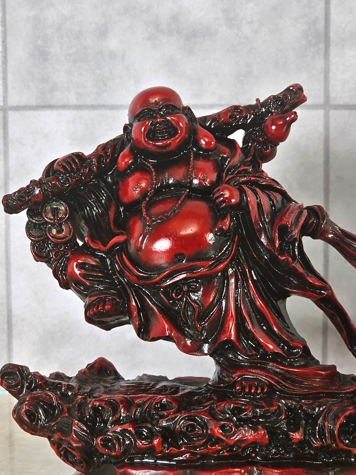 Vintage 9″ Faux Cinnabar Red Resin Laughing Buddha with Koi Fish – Feng Shui Luc