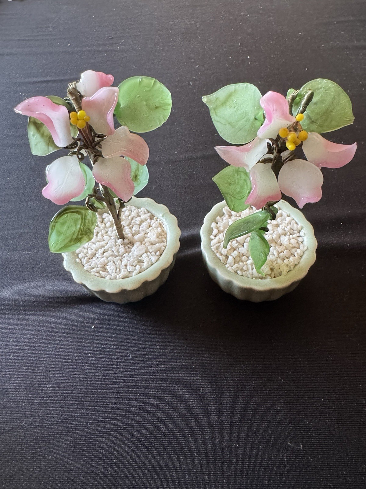 2 Vintage Asian Decor Small Jade Glass Pink Flower Bonsai Tree Celadon Pot