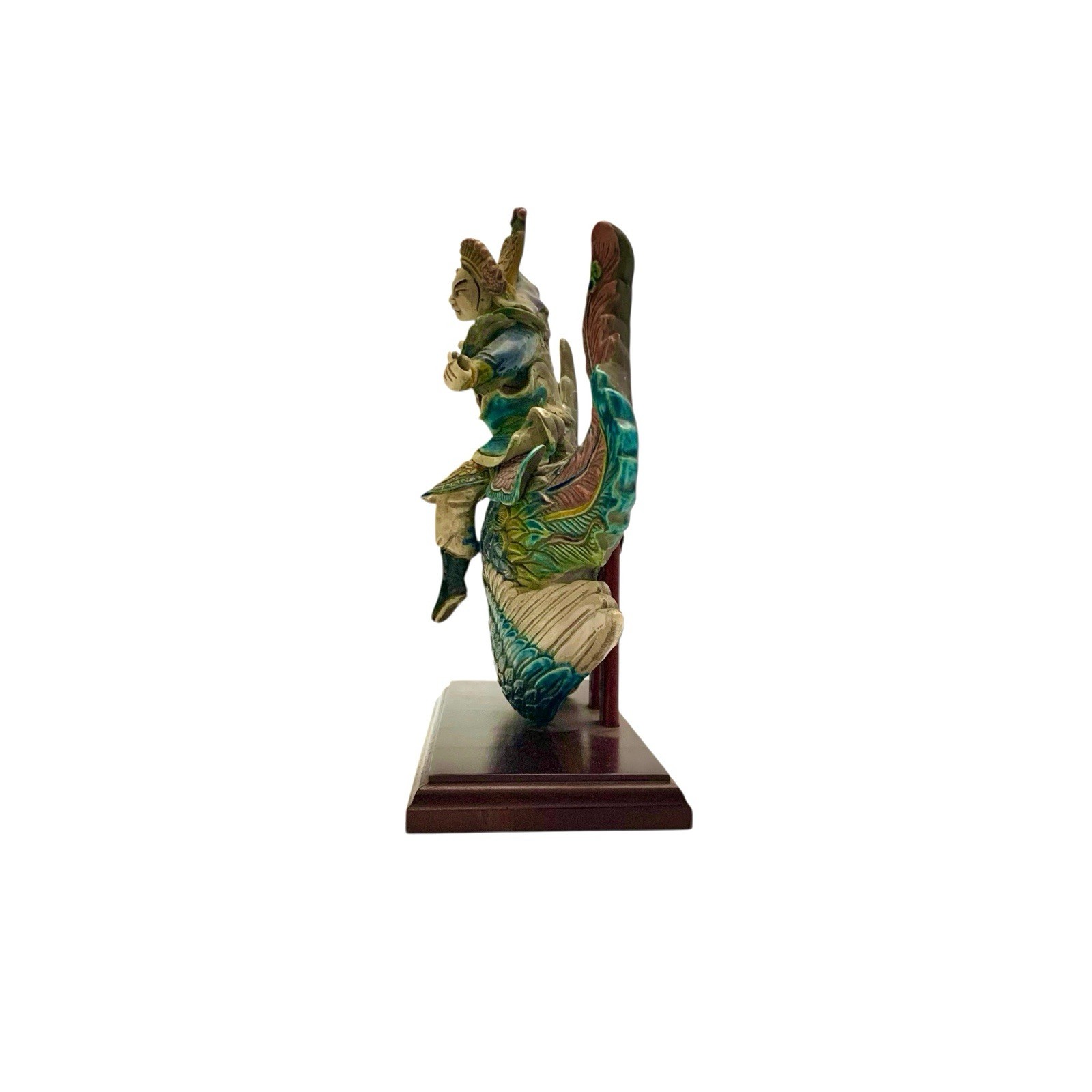 Chinese Figure on Phoenix Bird Oriental Roof Tile on Stand Vintage Asian Decor