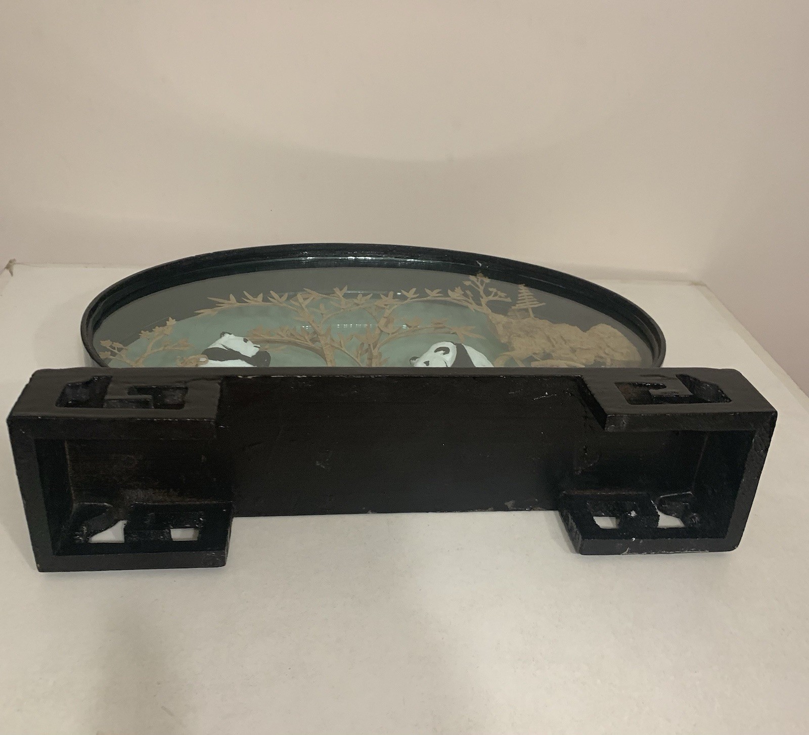 Panda Bear Vintage Collectible San You cork carve Art 3D Diorama in glass frame