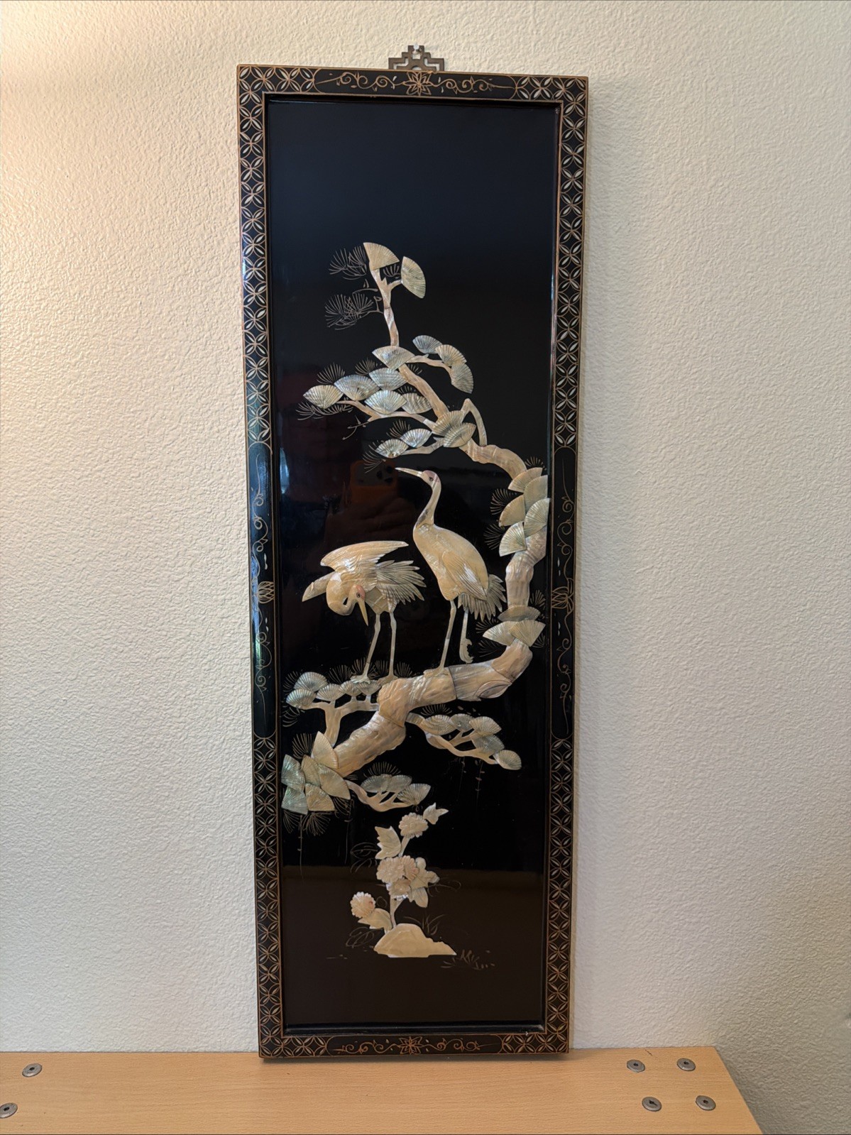 VTG 50’s Chinese Panel Carved Mother of Pearl Birds Crane Tree Black Lacquered