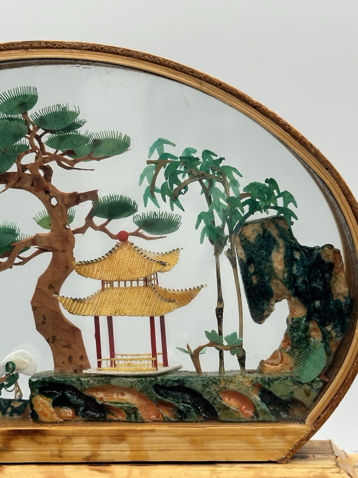 Vintage Oval Chinese Hand Carved Rock Cork And Paper Diorama Wood Tone Frame 3D