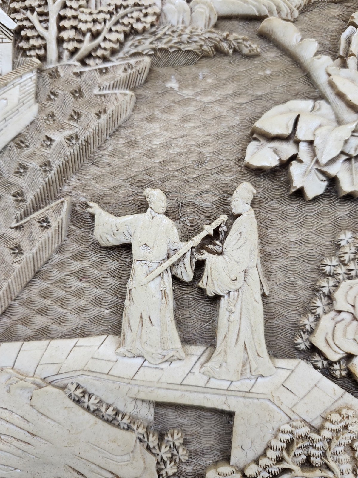 Vintage Asian Carved Look Resin Tray Landscape Figures Scene 14″ x 12″ Chinese