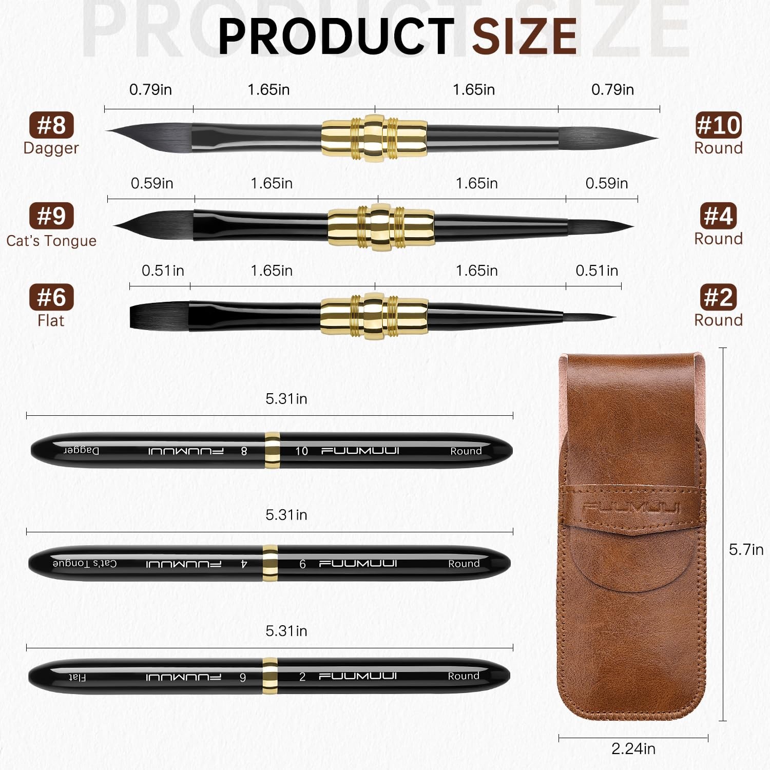 4 PCS Sable Travel Watercolor Brushes Leather Pouch Fine Point Rounds Dagger