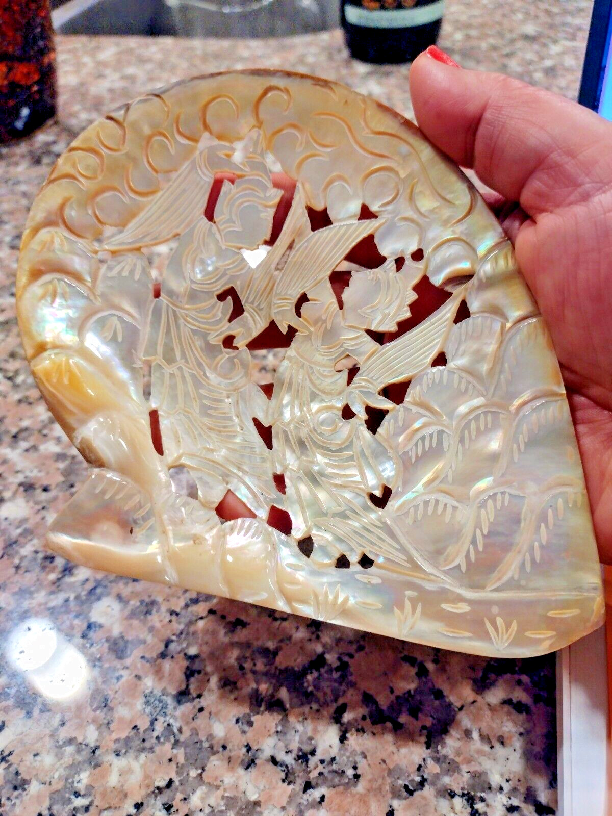 Hand Carved Mother of Pearl Shell Plaque Asian Dancer Abalone Seashell Carving 5