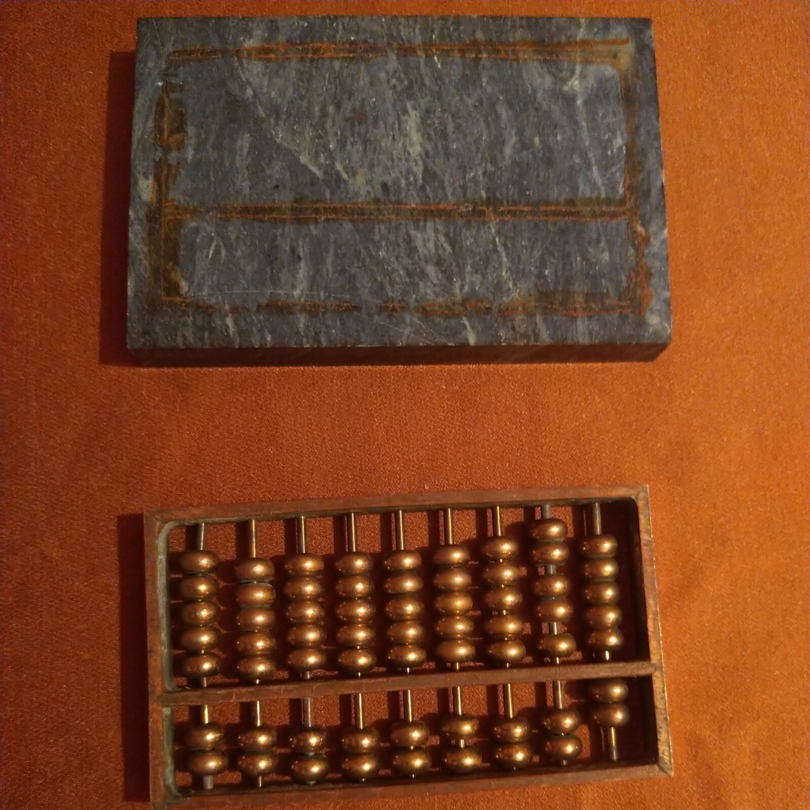 Vintage Chinese Green Marble And Brass Beaded Mini Abacus Math Counting