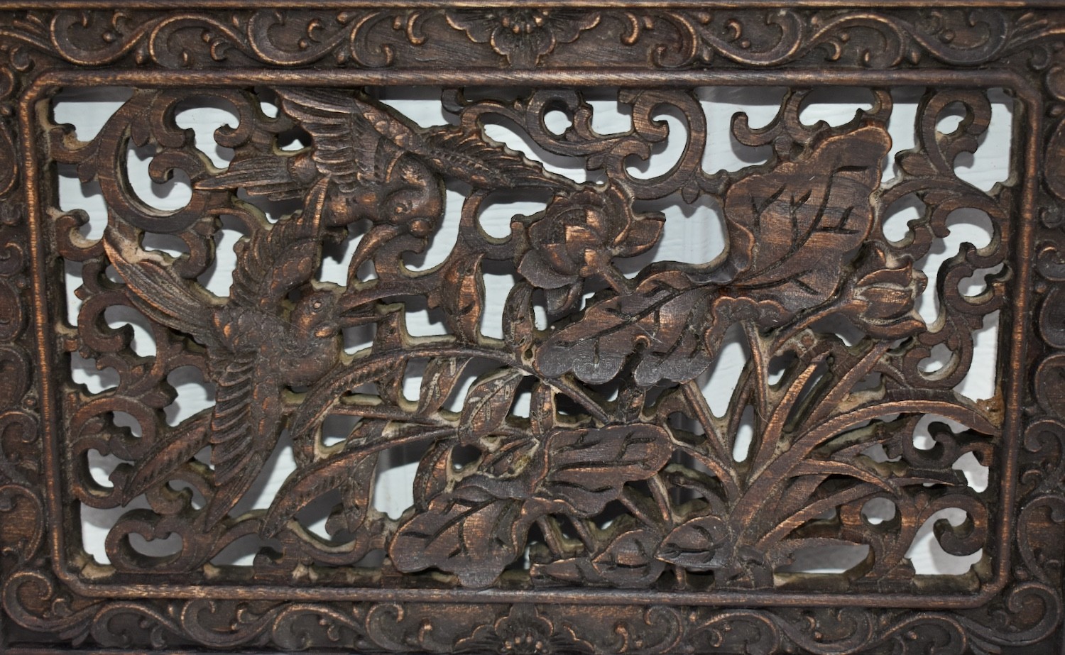 Vintage Hand Carved Chinese Plaque with Birds & Floral Details