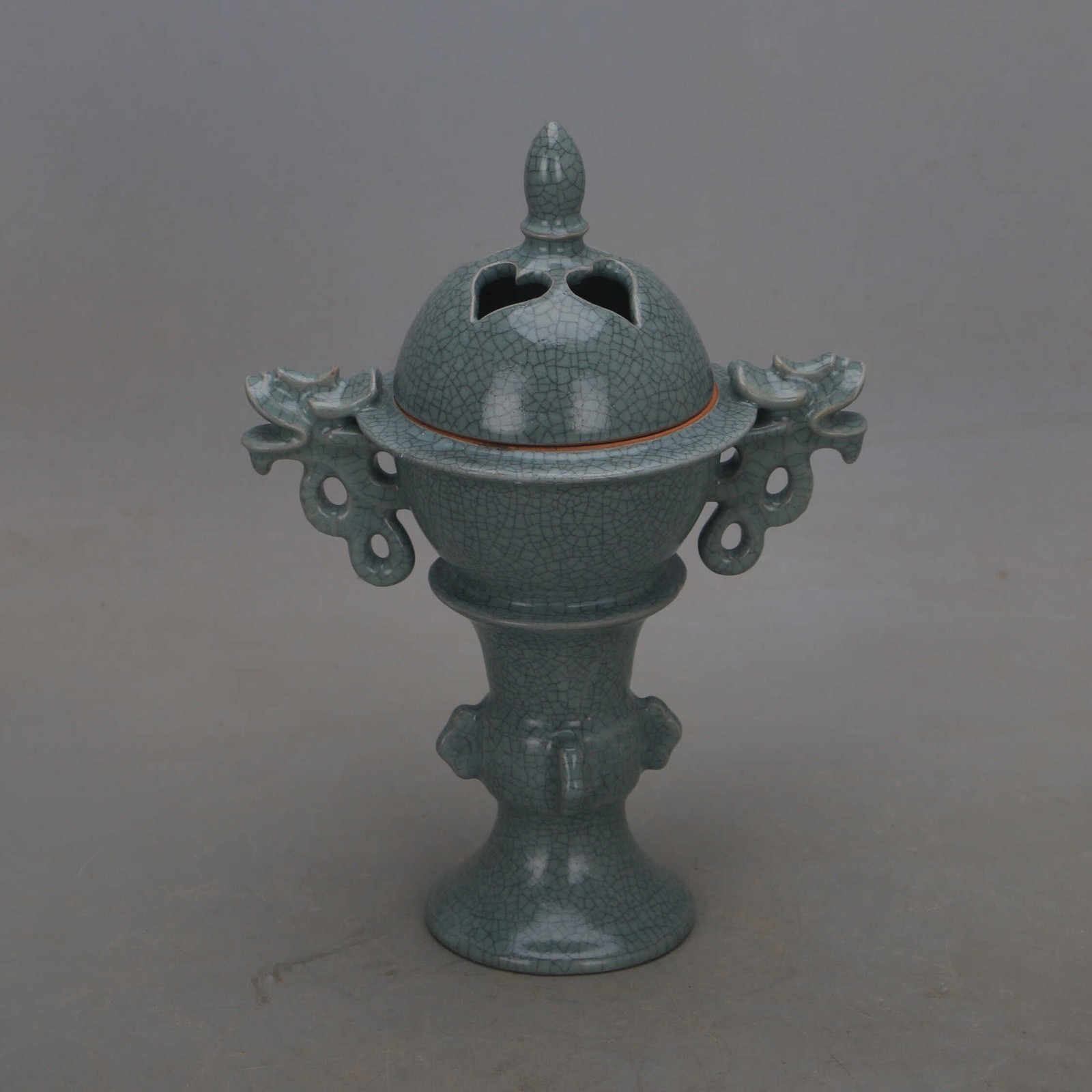 9″ China Ruyao Celadon Glaze Porcelain Ice Cracks Dragon Two Ear Incense Burner