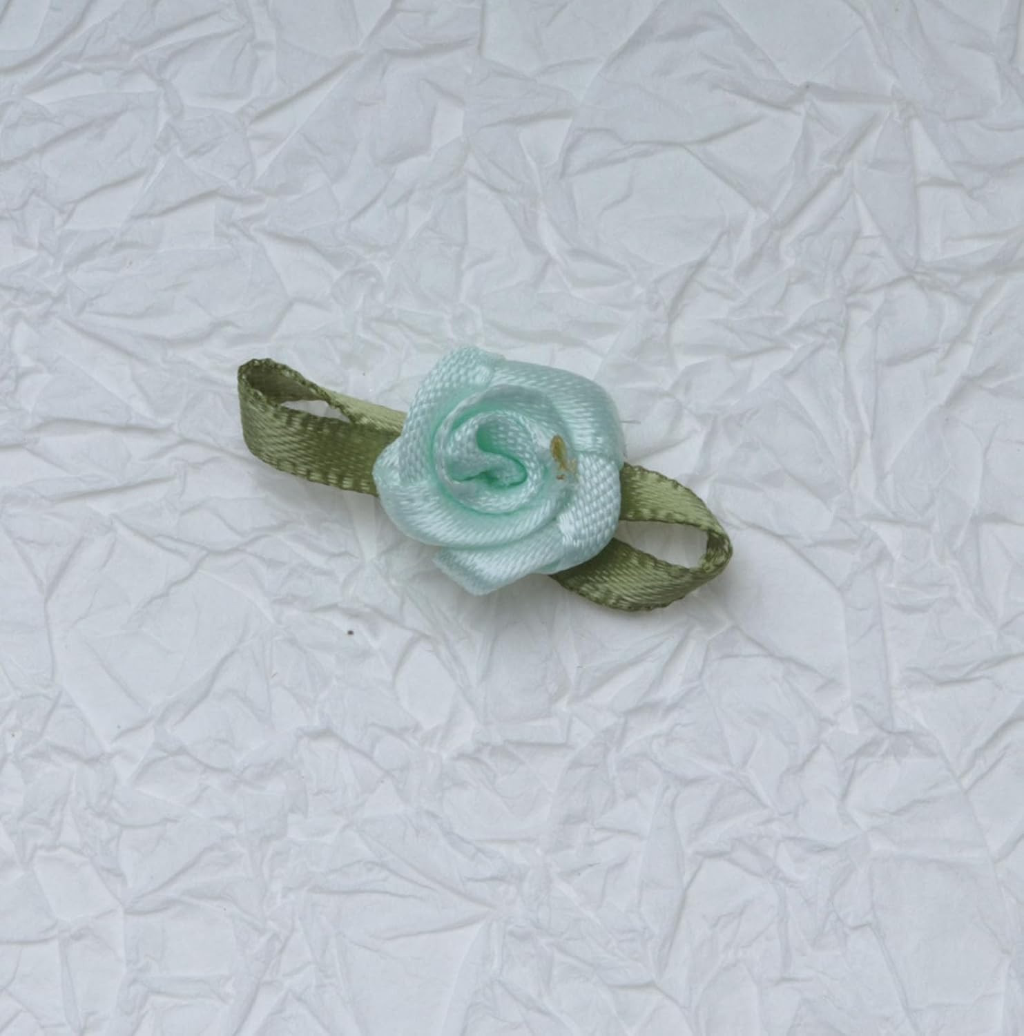 50 Pcs Satin Roses with Green Leaves Mini Cute Ribbon Bows Fabric Artificial Flo