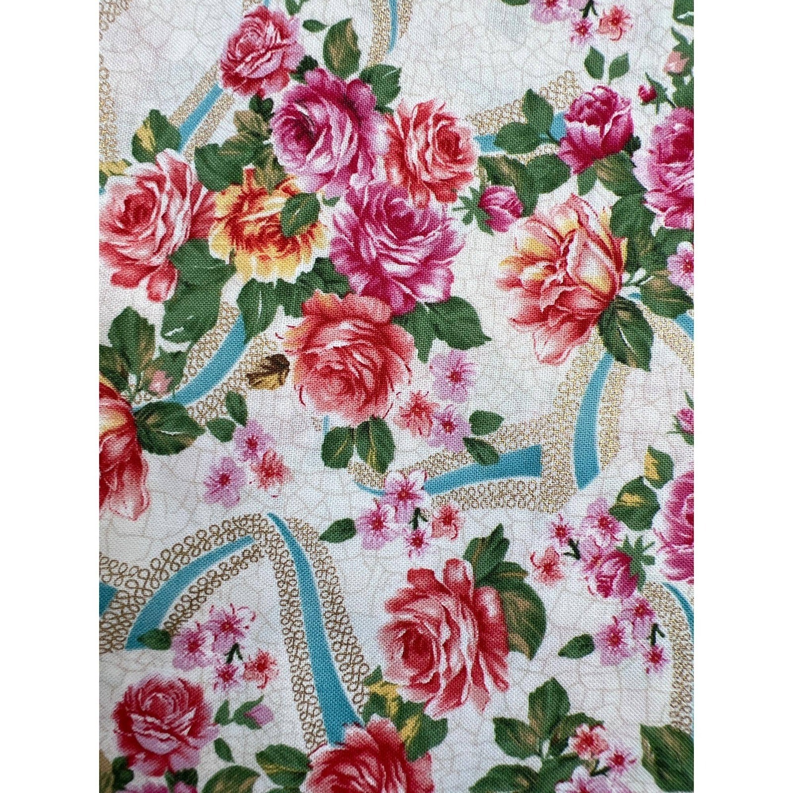 Fabric OOP Butter Cream Shabby Chic Inspired Romantic Ribbon Floral Gold -1 Yard
