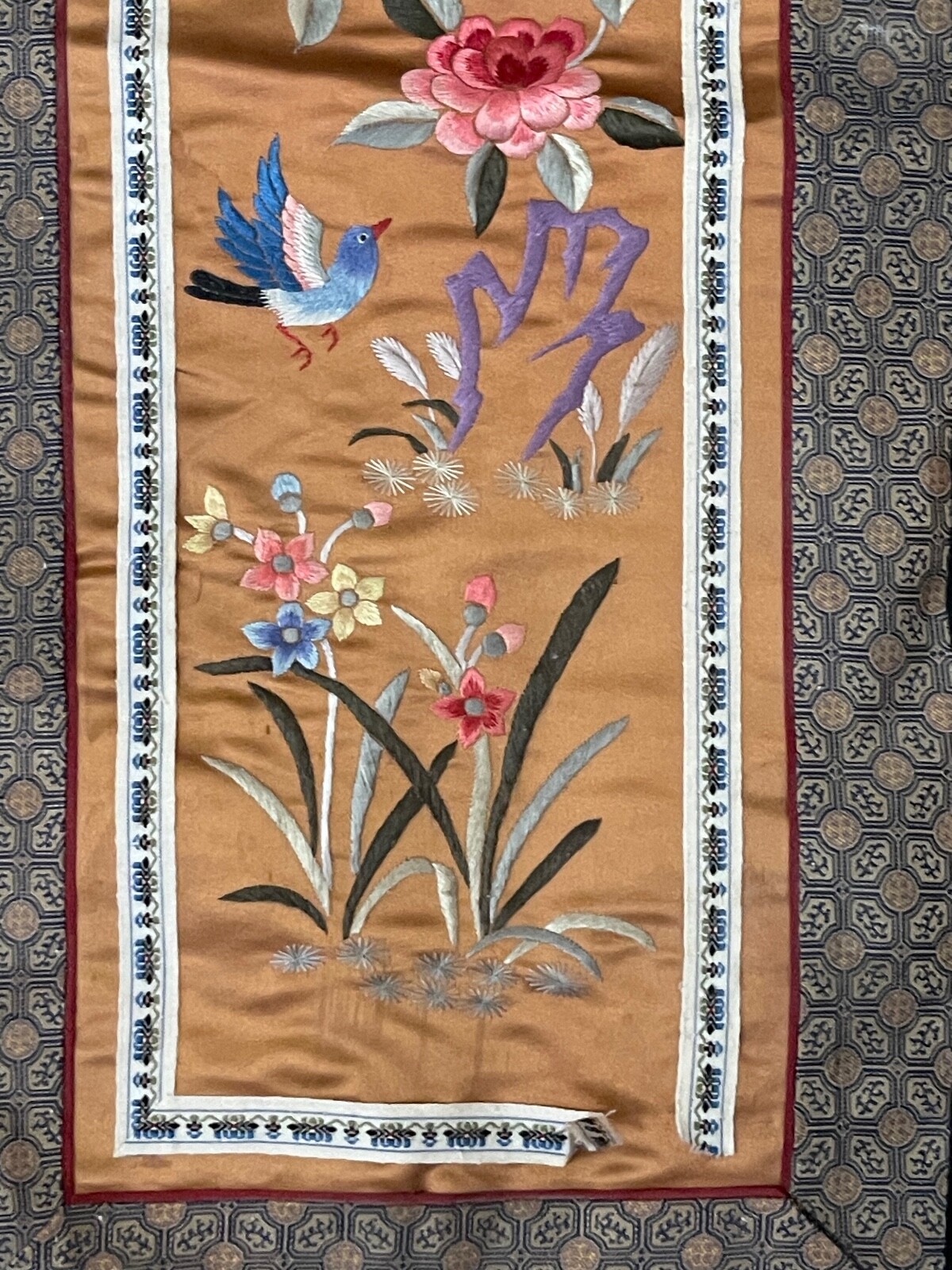 Vintage Antique Chinese Silk Embroidered Textile w/ Birds Floral & Butterfly Dec