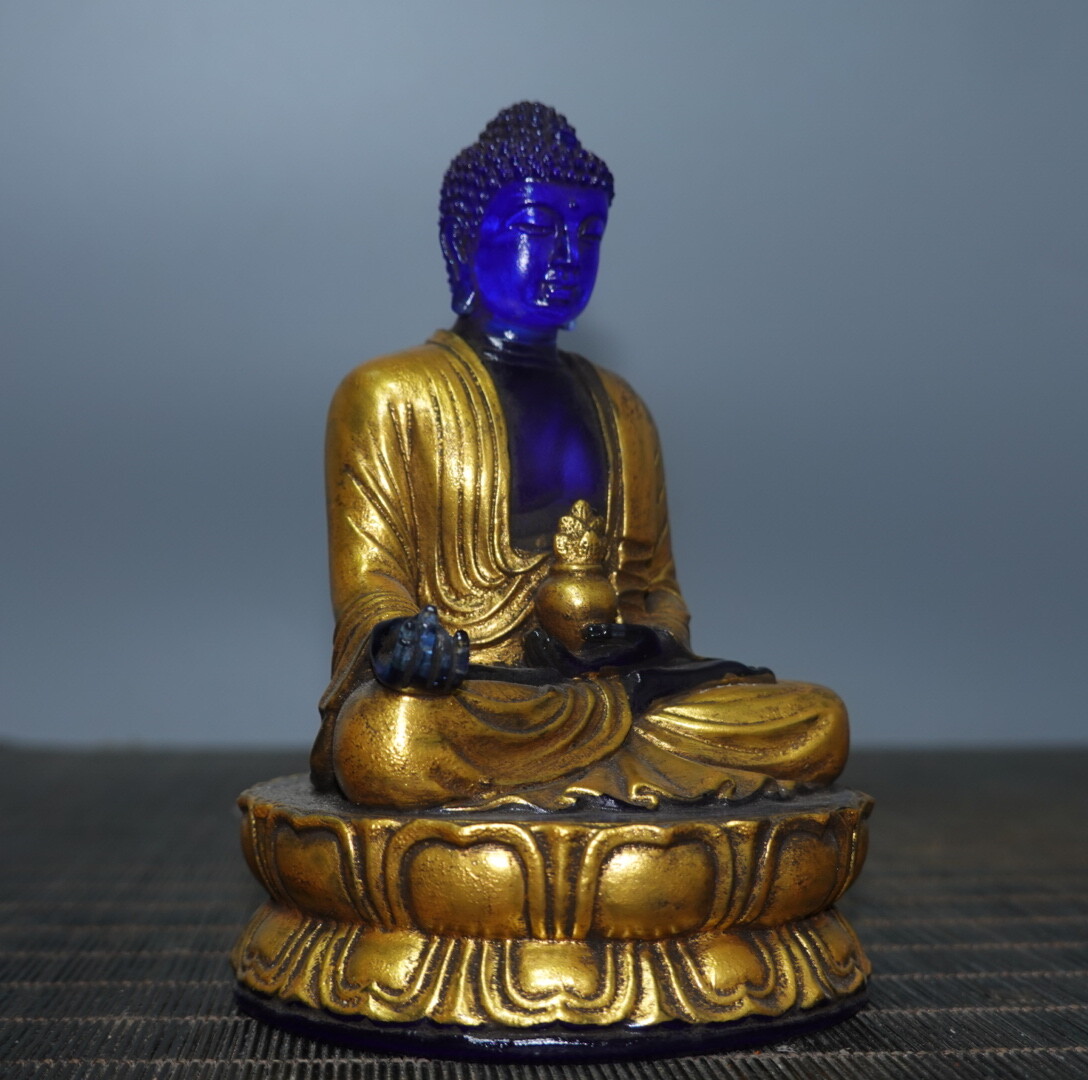 4.7″ Chinese Blue Coloured Glaze Paintings Gild Buddhism Medicine Buddha Statue