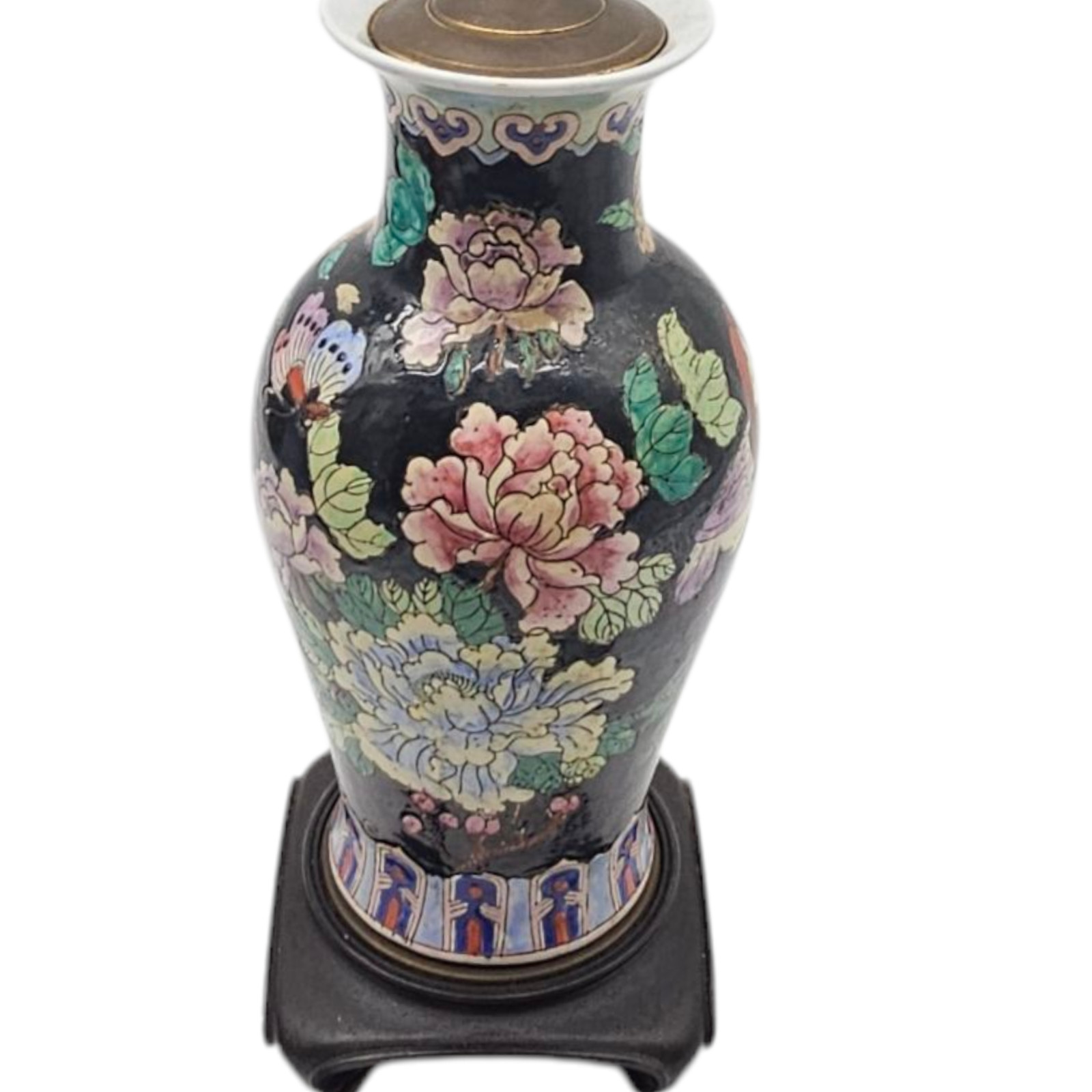 VTG Chinese Famille Noir Porcelain Lamp Hand Painted Birds Flower Black Base 20″