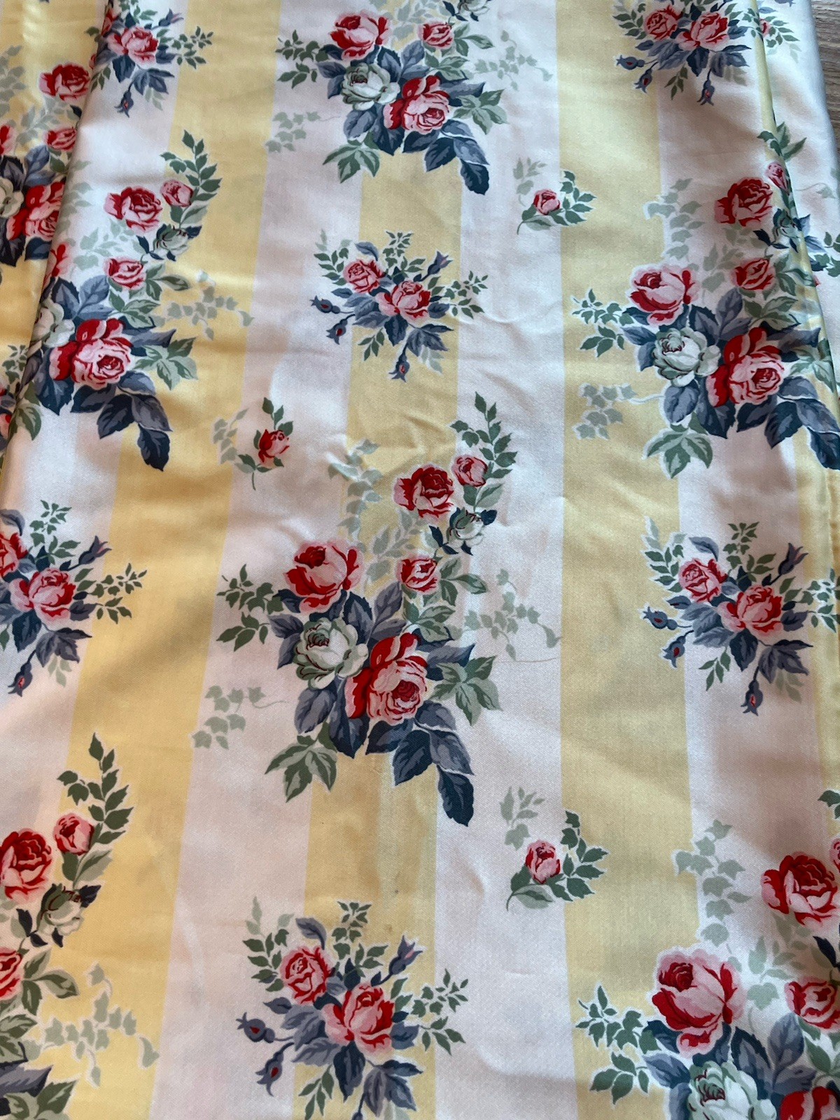 Floral Stripe Fabric 97” X 61” Yellow Cream Stripe Roses Flowers Defect Read
