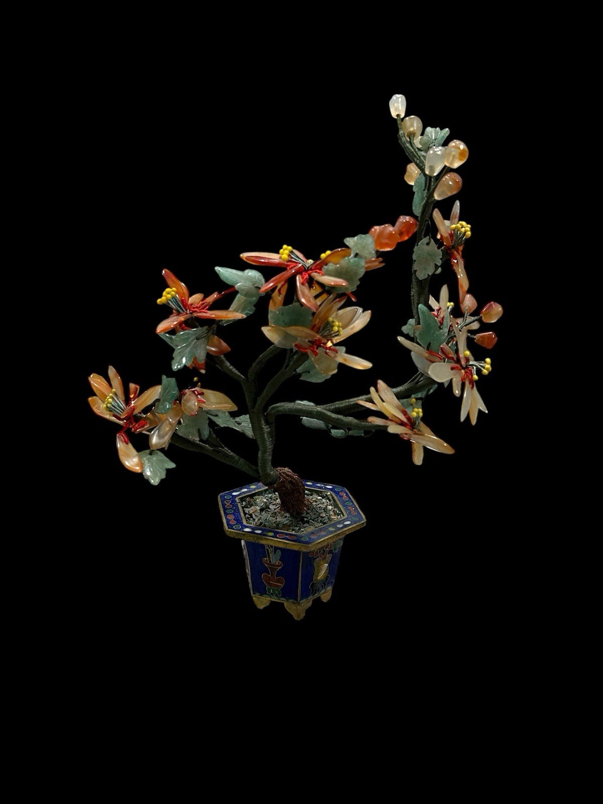 Chinese Gemstone Tree Quartz Bonsai Cloisonné Pot 7.5 Vintage Jedire Quartz Pot
