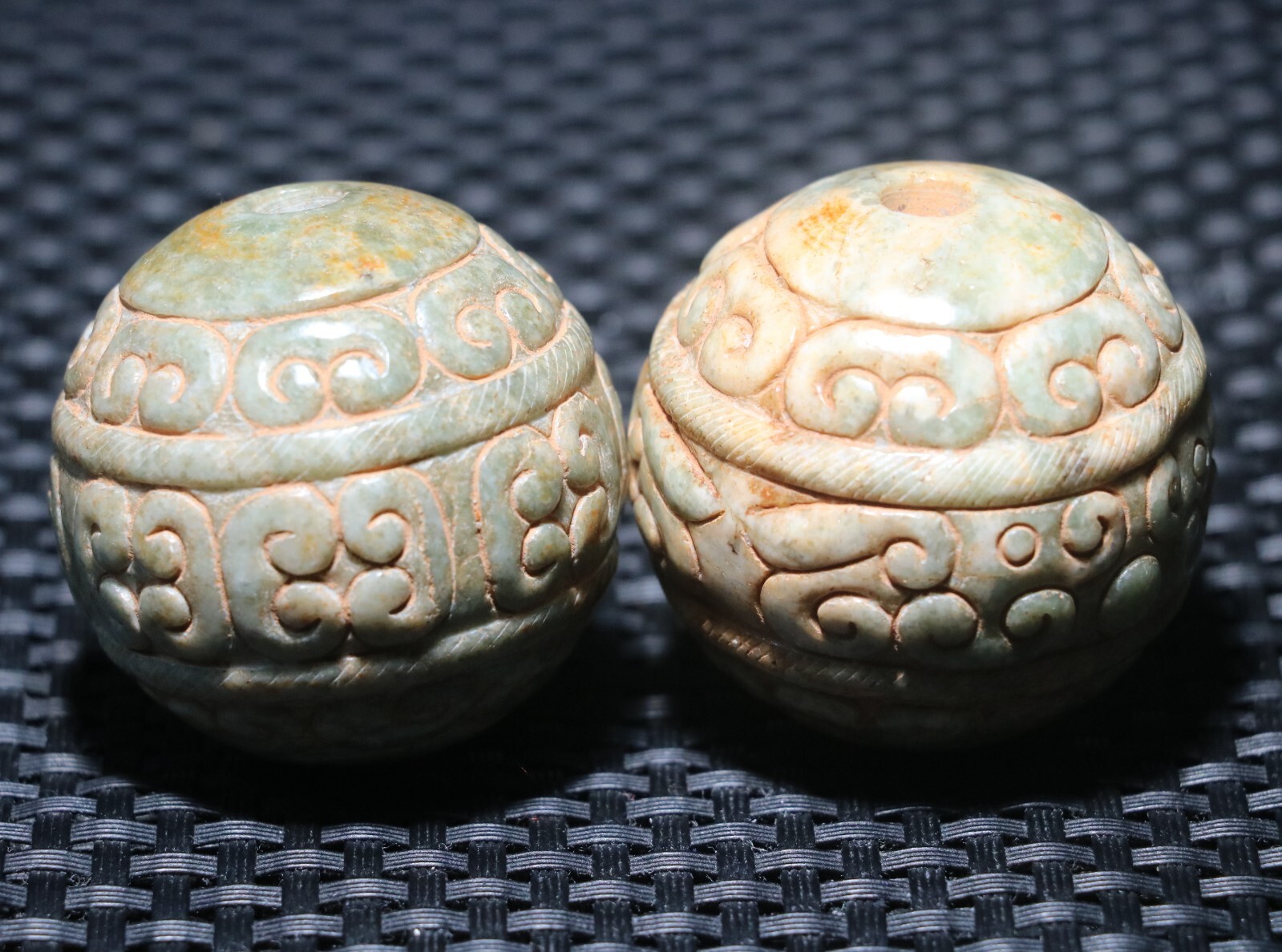 Pair of Chinese Hetian Old JADE Linking Fortune Large Ball Sphere 40MM Amulets