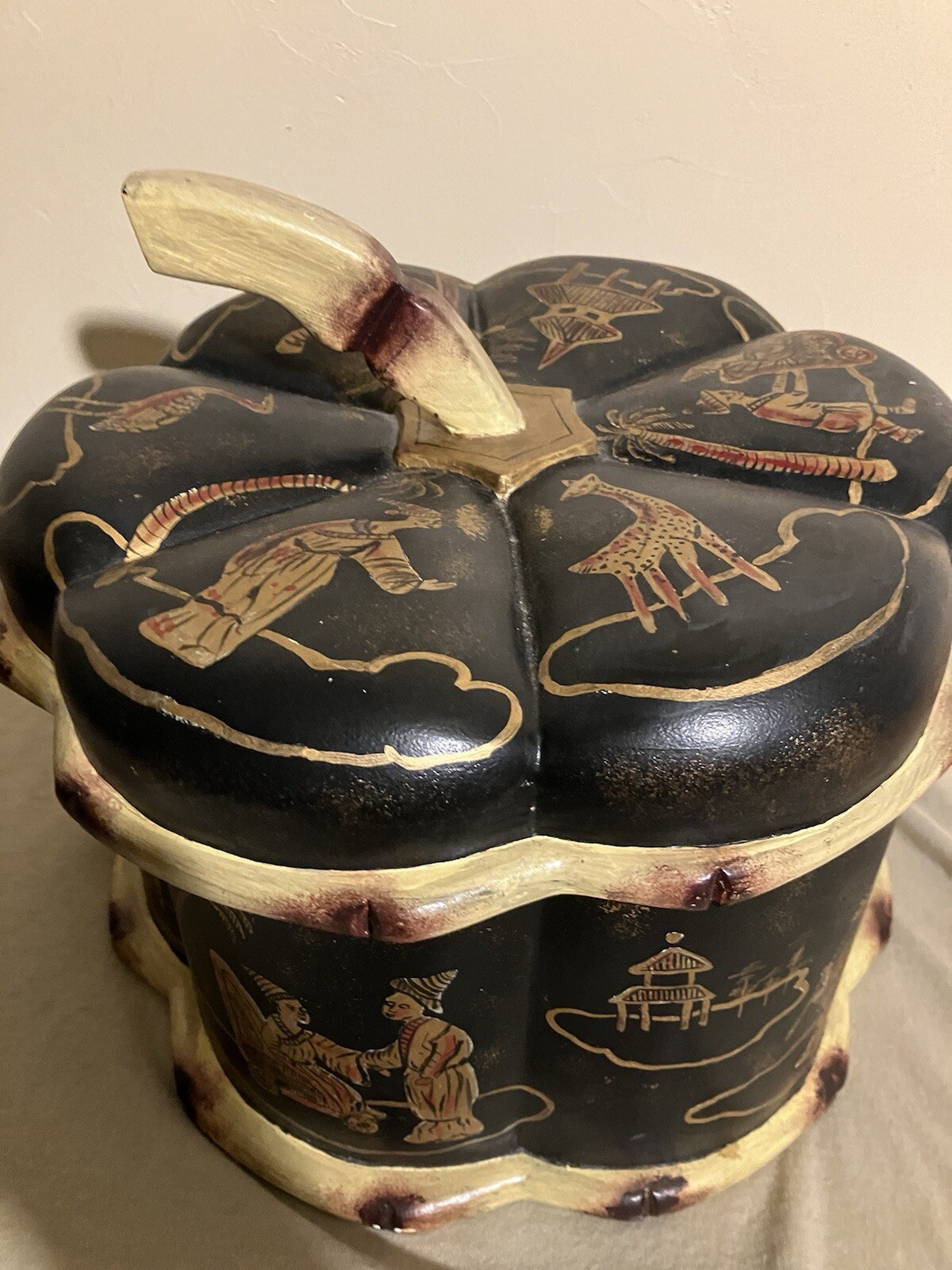 Asian Oriental Chinese Pumpkin Shaped Box With Scenery Decor Storage