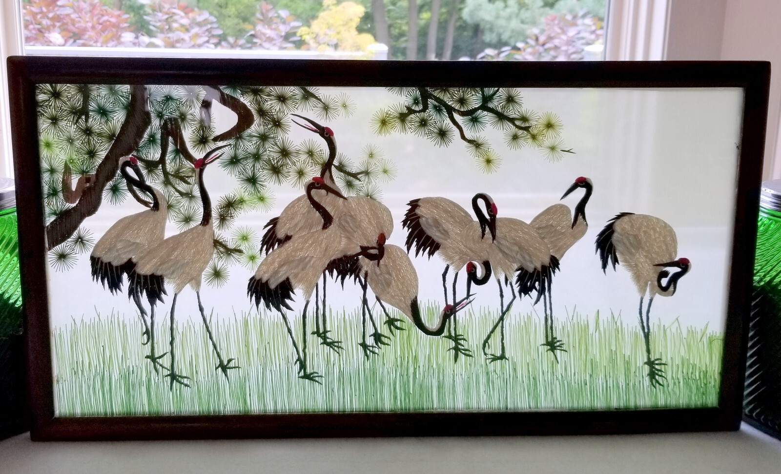Vintage Chinese Su Silk Embroidery Double Sided Frmd 20.5″ Red Crowned Cranes