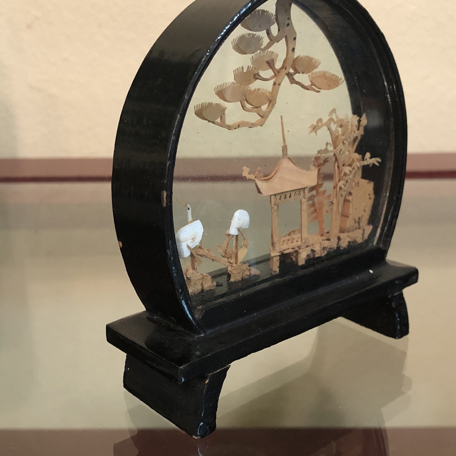 Vintage Chinese Cork Carving Art Diorama Pagoda Trees Cranes 4.25″ H