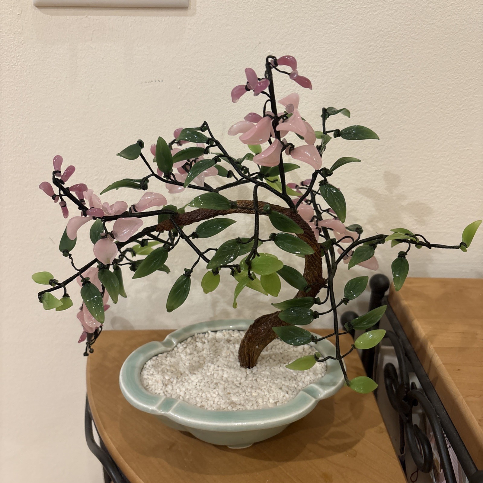 JADE BONSAI TREE CHINESE GLASS ASIAN FLOWERS in pot Approx 11” W X 10”T