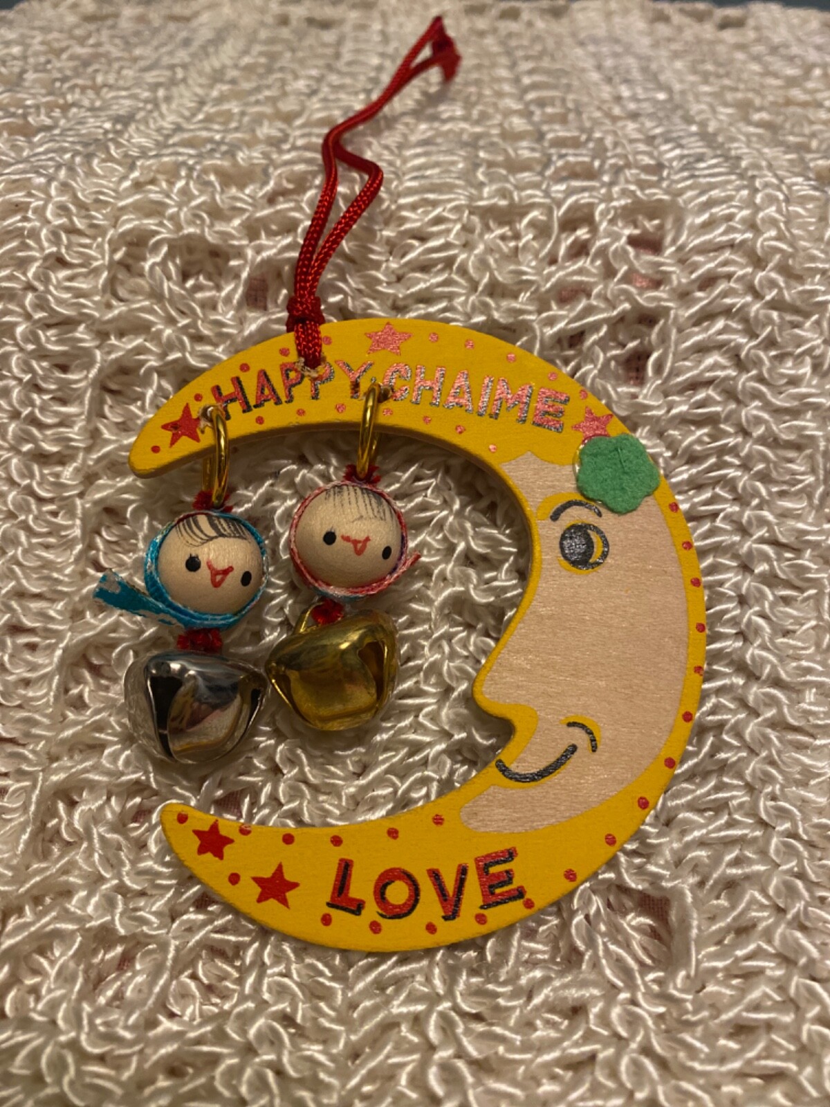 Chinese Happy Chaime Ornament Boy/girl bell hanging on moon 3.25”