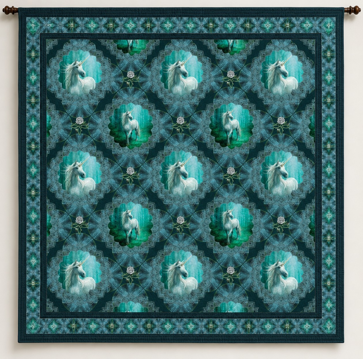Clothworks Unicorn Magic Teal Mendala Unicorns Cotton Quilt Fabric By the Yard