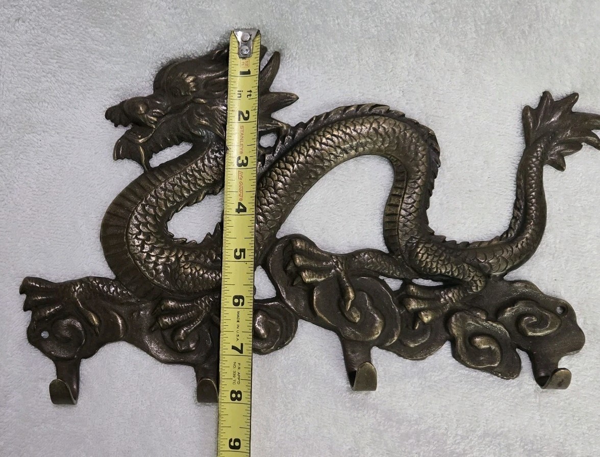 Vintage Chinese Brass Dragon Mounted Wall Hanger w/Hooks Solid Metal 12.5″×8″