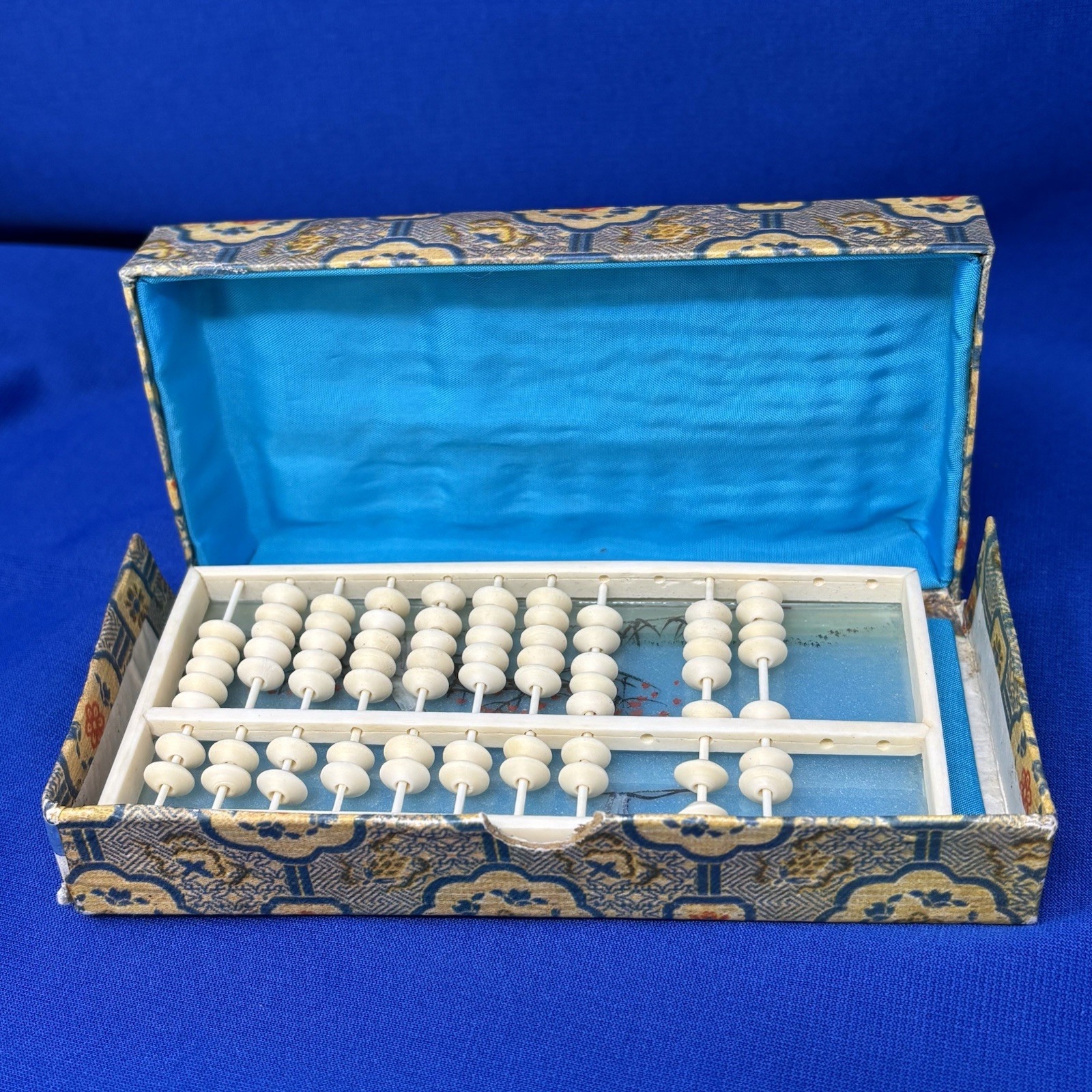 Small Vintage Chinese Suanpan Abacus Painted Glass Fabric Box PRC