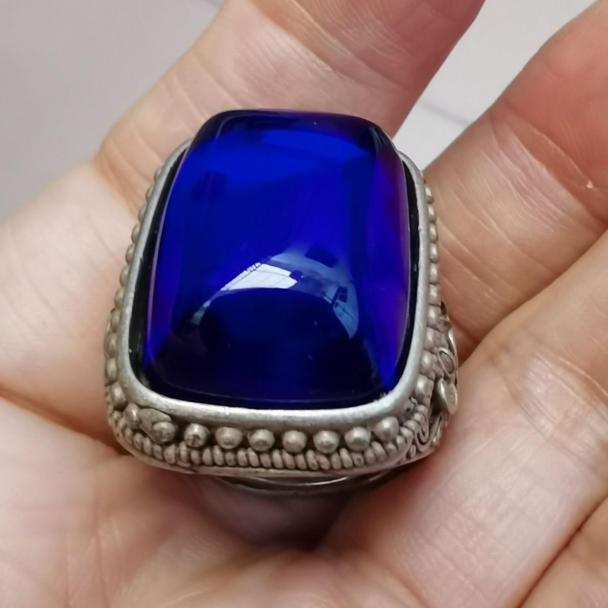 Collect Antique China Silver gemstone Gem ring Jewelry Round Ring jade ring