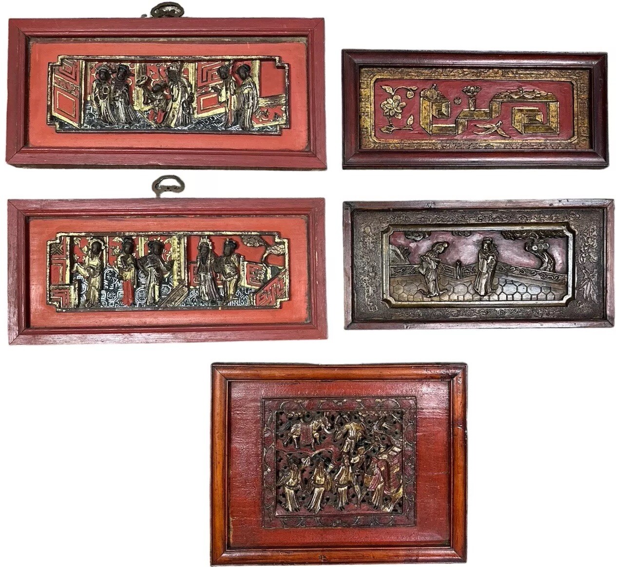 Lot of 5 Asian Chinese Hand Carved Painted Wood Panels Wall Hangings Décor