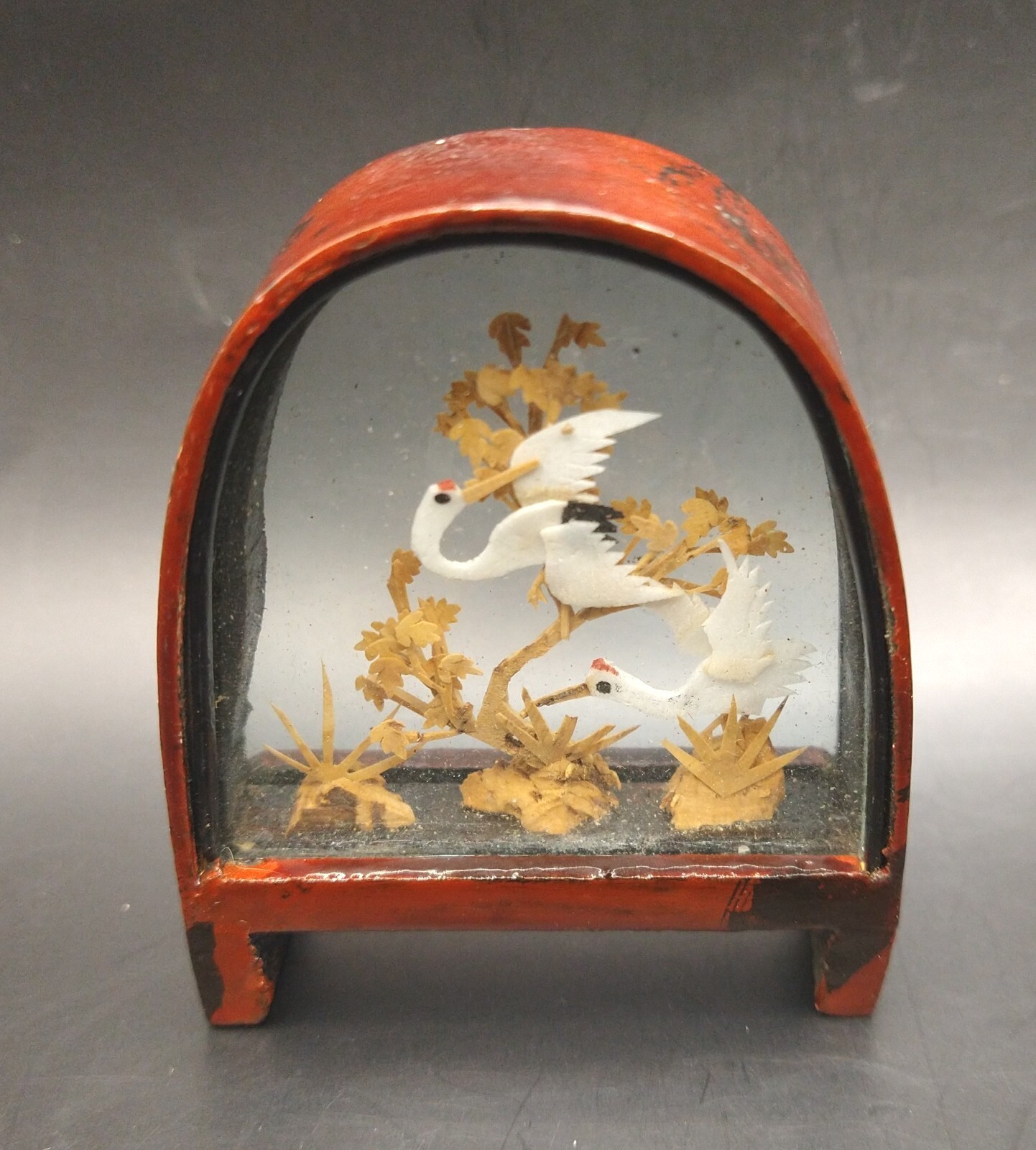 Vintage Chinese Cork Small Diorama Cranes & Trees Arch Shaped Lacquered Wood