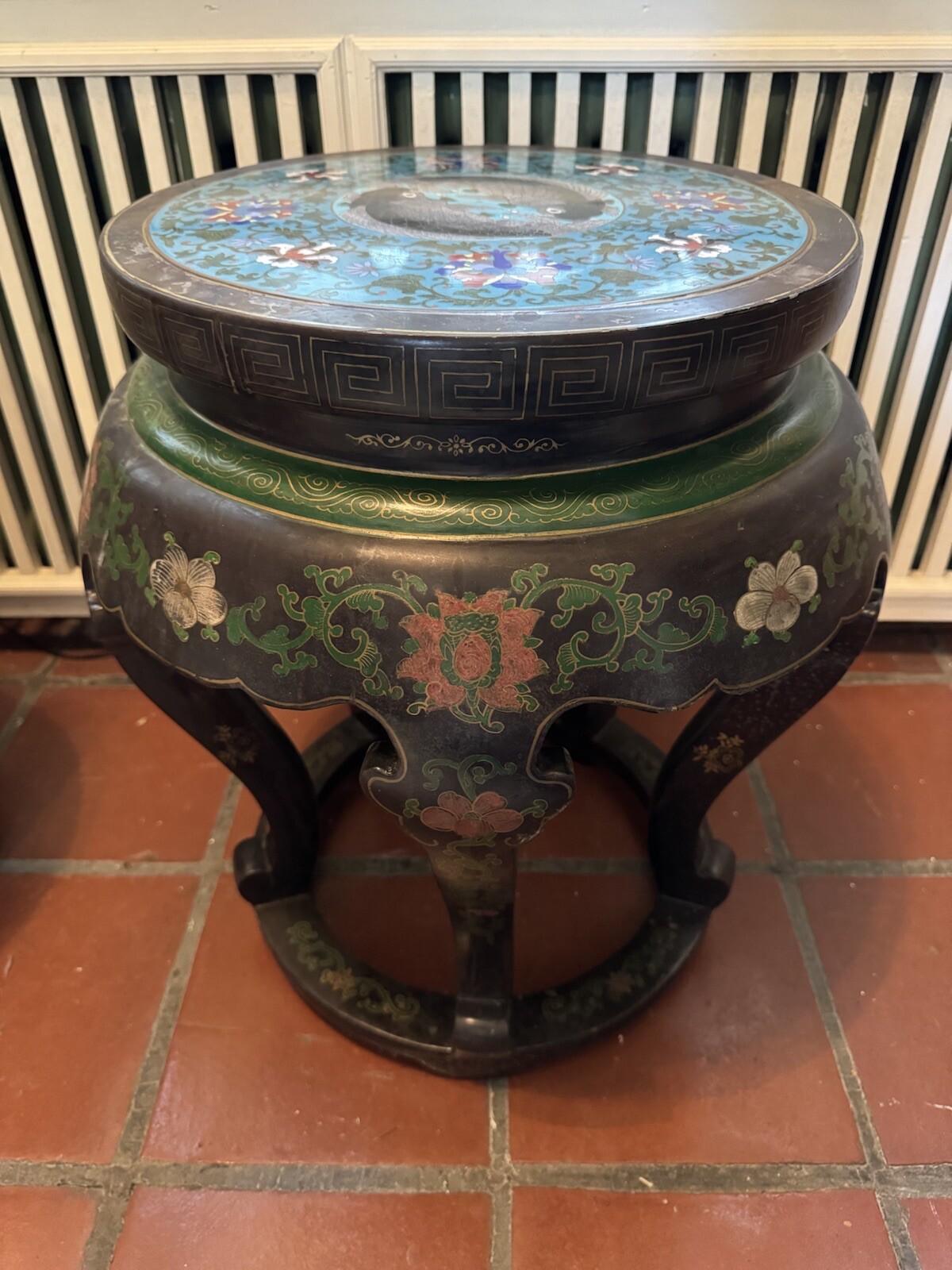 Antique Chinese Cloisonne Top Round Jardiniere Stand Two Fish Motif