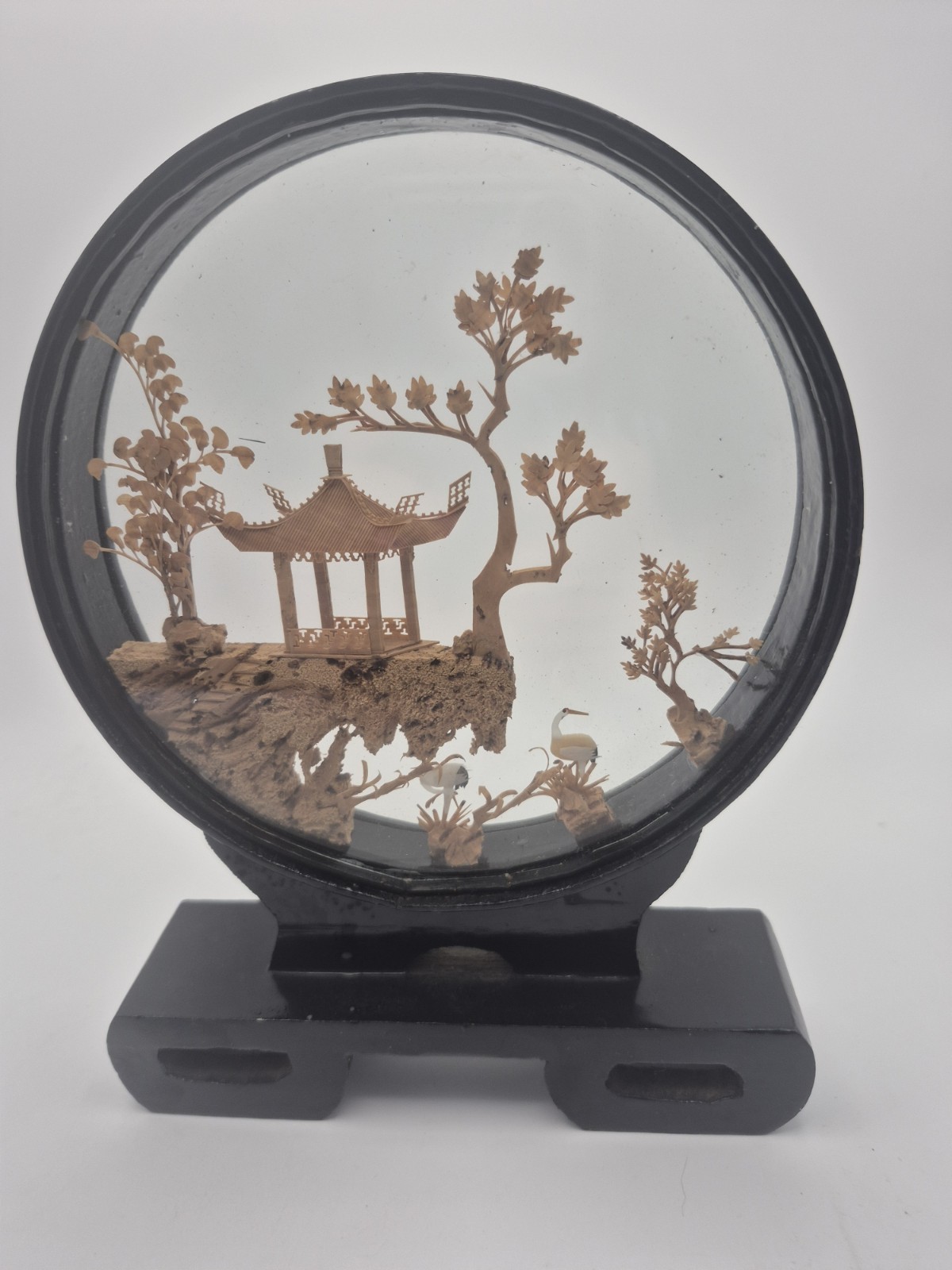 VTG Chinese Hand Carved Cork Diorama Shadow Box Asian Art Pagoda Cranes Trees