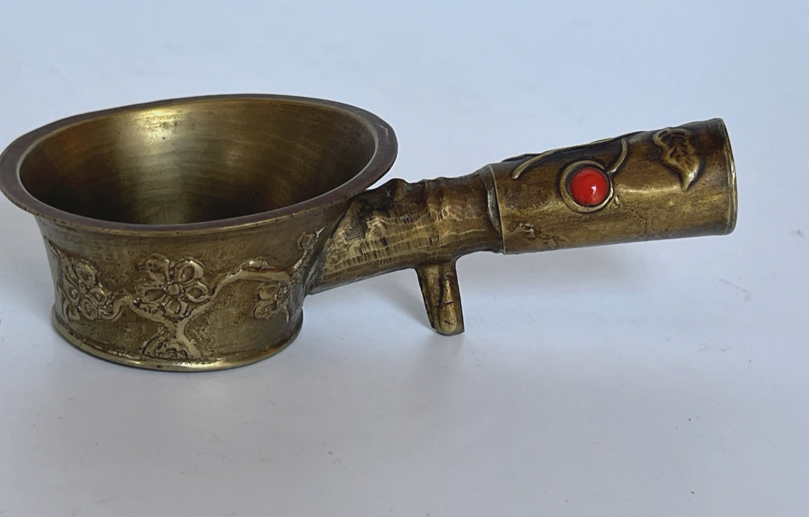 Vintage Brass Chinese Silk Coal Iron Floral Design Enamel Insets on Handle