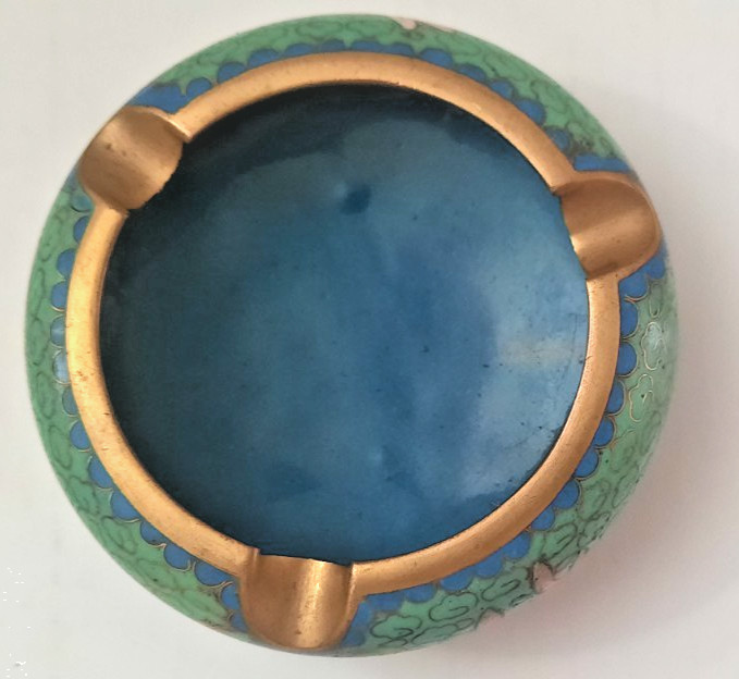 Vtg Chinese Asian Floral Cloisonné Enamel Brass Ashtray Green / Blue 3.25″ Round